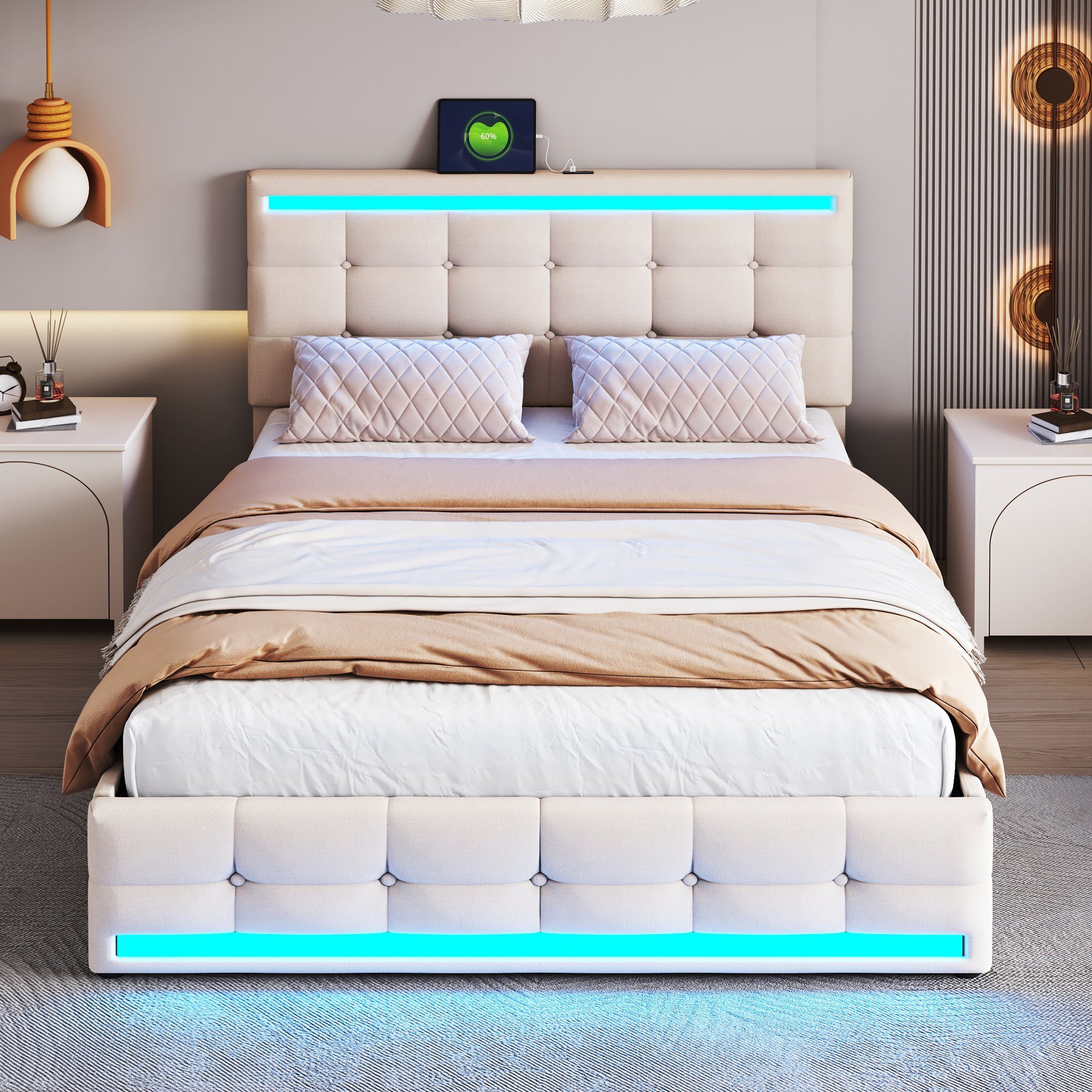 WISHDOR Polsterbett Gästebetten Doppelbetten Bett Polsterbett Heim-Betten140*200 (mit 4 Schubladen und 2 USB-Ladestationen, Bettrahmen mit LED-Leuchten Kopfteil Trittteil, gepolstertes Plattformbett mit Stauraum), Kopfteil höhenverstellbar, ohne Matr