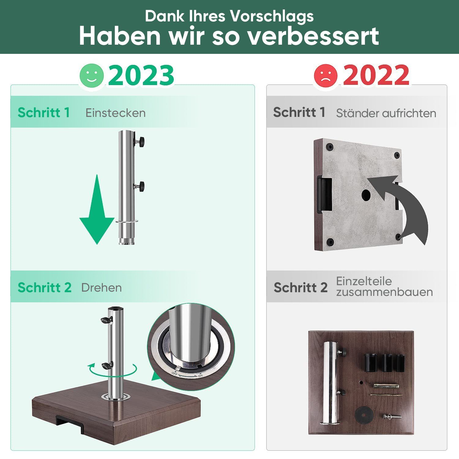 Sekey Betonschirmständer 25KG, Eckig Sonnenschirmständer in Holzoptik