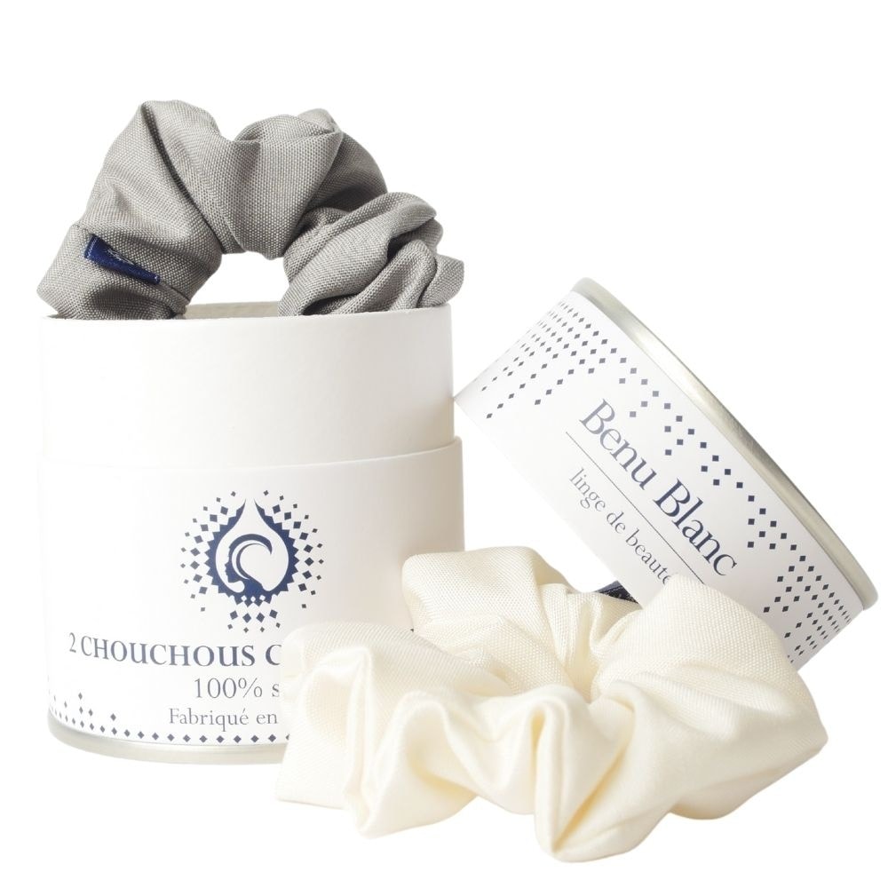 benu blanc Coffret de 2 chouchous en soie : blanc + gris Chouchous cosmétiques en pure soie naturelle