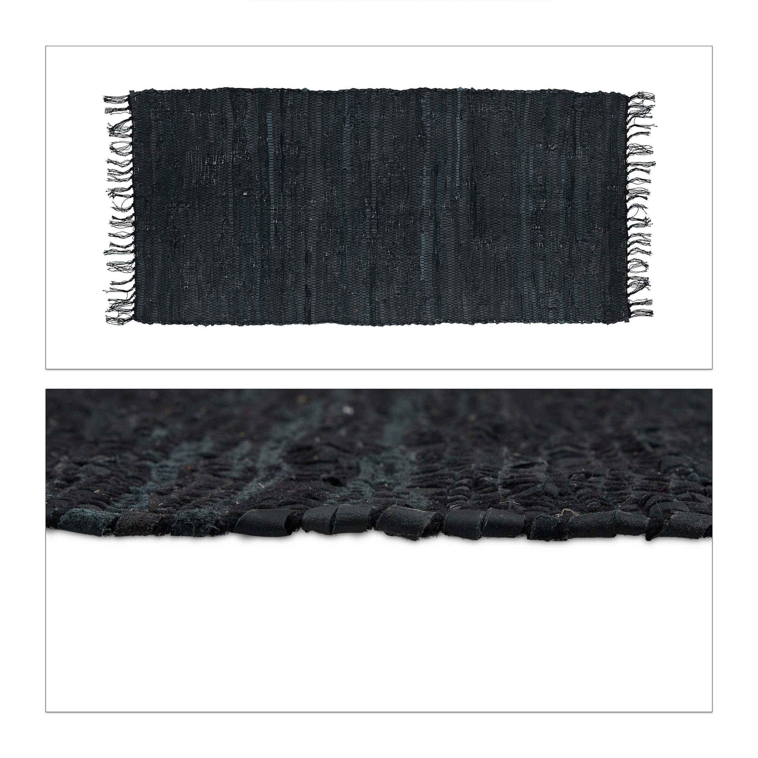Läufer Flickenteppich aus Leder & Baumwolle, relaxdays, Höhe: 5 mm, Schwarz, 70 x 140 cm