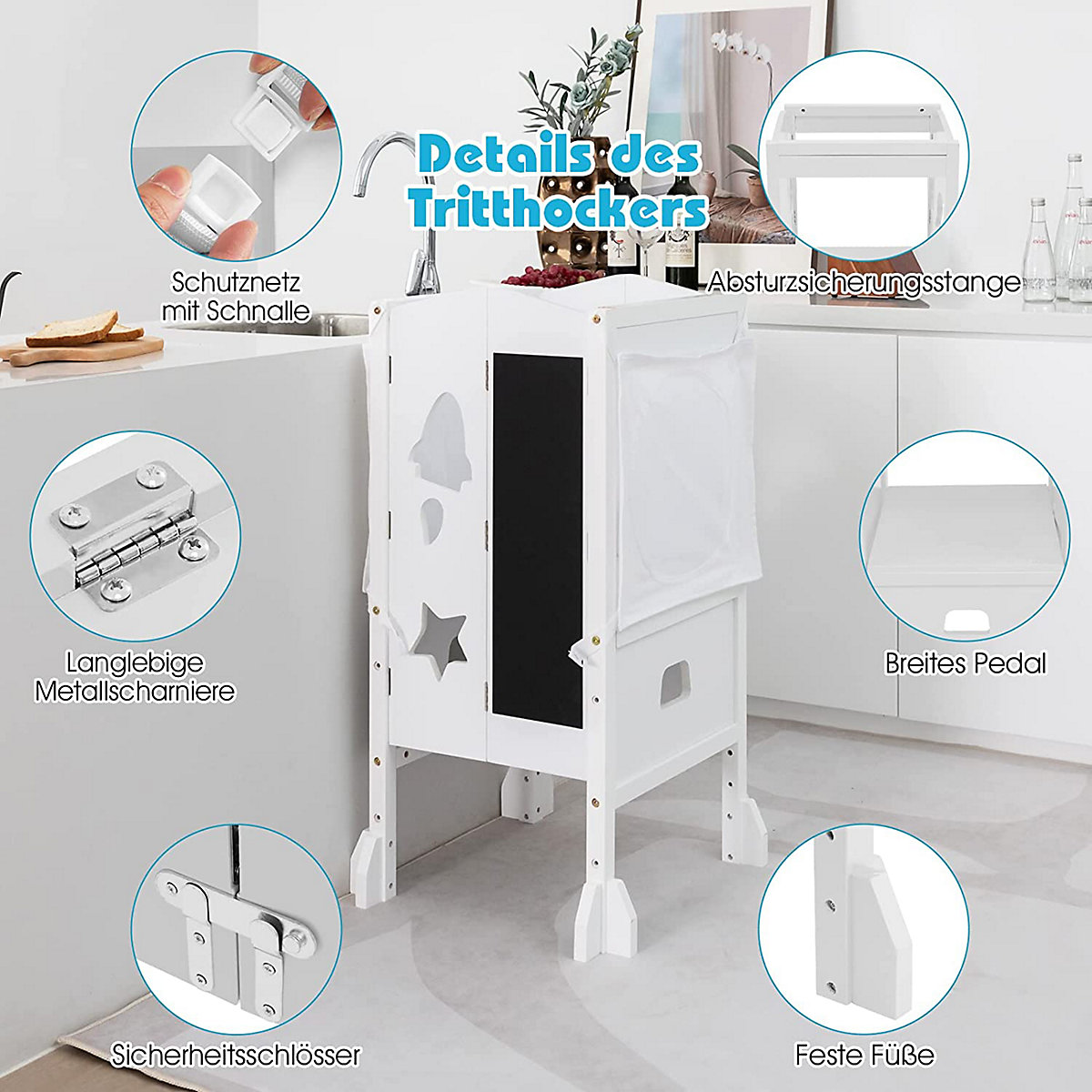 Lernturm Tritthocker klappbar mit Tafel & Sicherheitsnetz