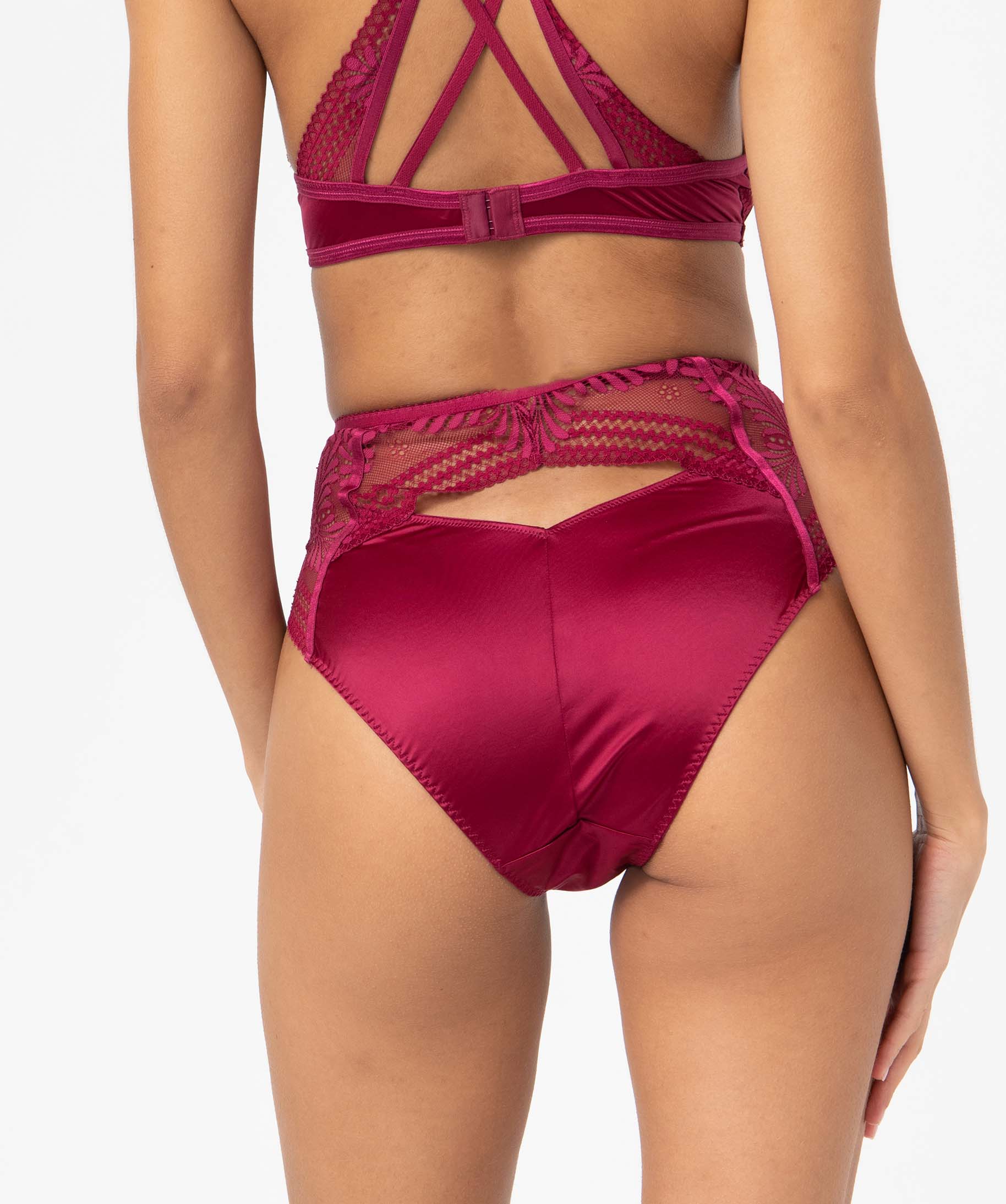 Culotte femme taille haute en microfibre et dentelle rouge | GEMO
