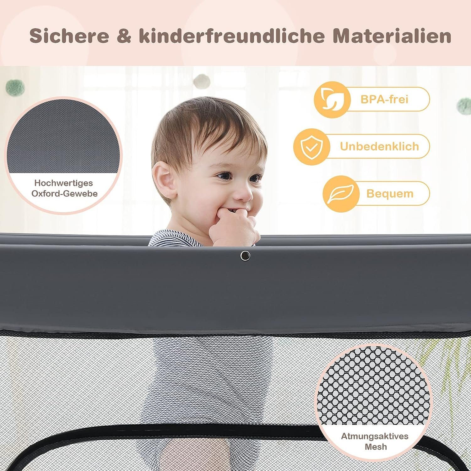 KOMFOTTEU Laufgitter klappbar, für Baby 6-36 Monaten, 138 x 138 x 74cm
