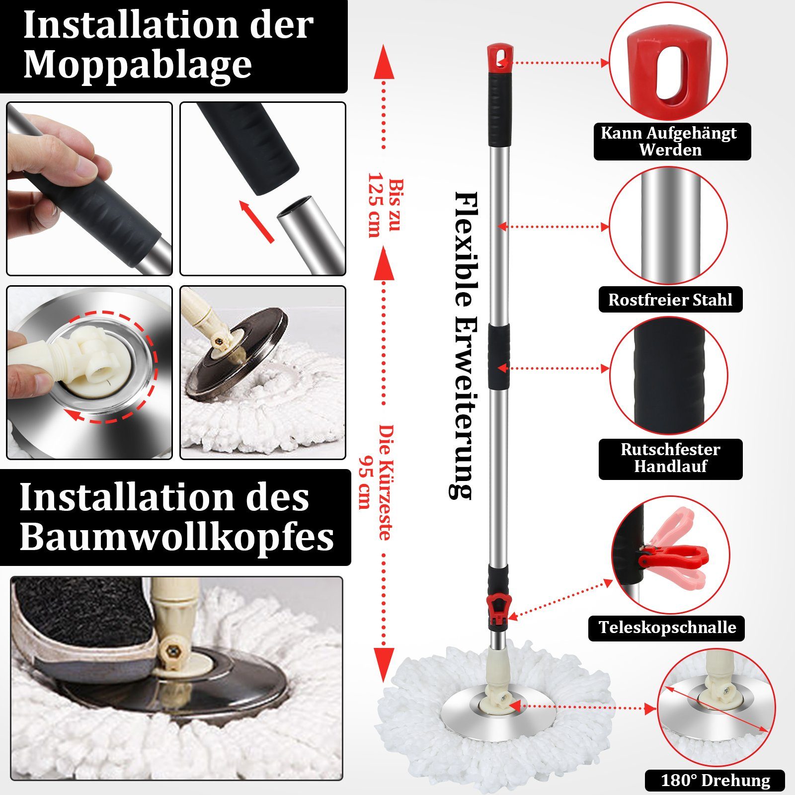 Lospitch Wischmopp Bodenwischer Komplett Set Turbo Wischmop Mit 3 Mikrofasermatte