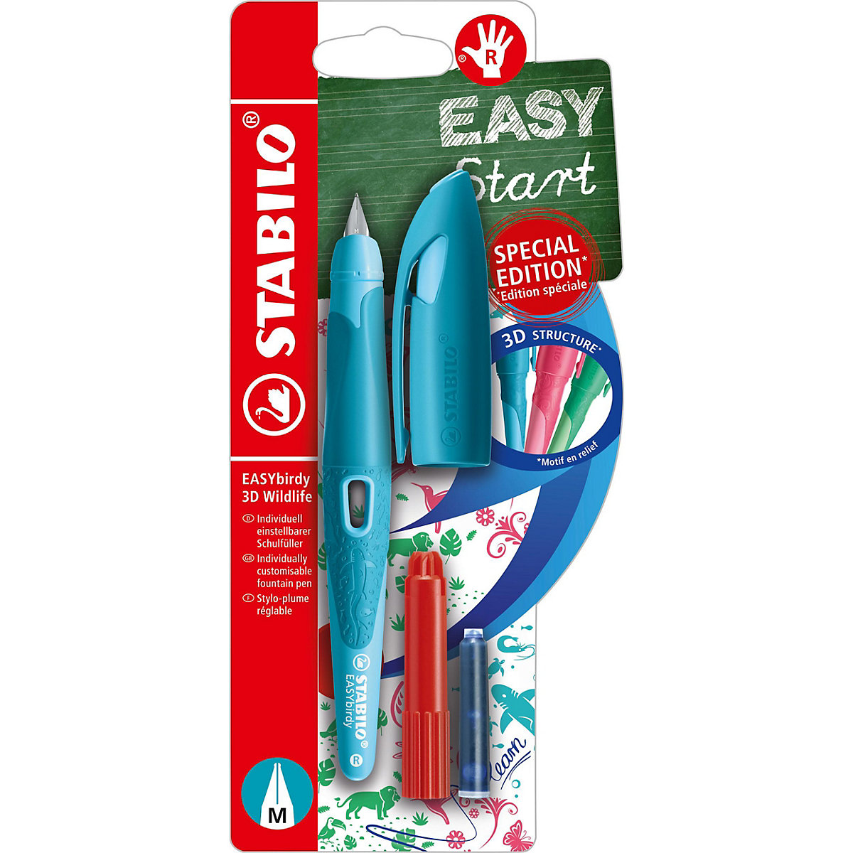 Schulfüller EASYbirdy Rechtshänder M-Feder 3D Wildlife Special Edition blau, inkl. Patrone und Einstellwerkzeug