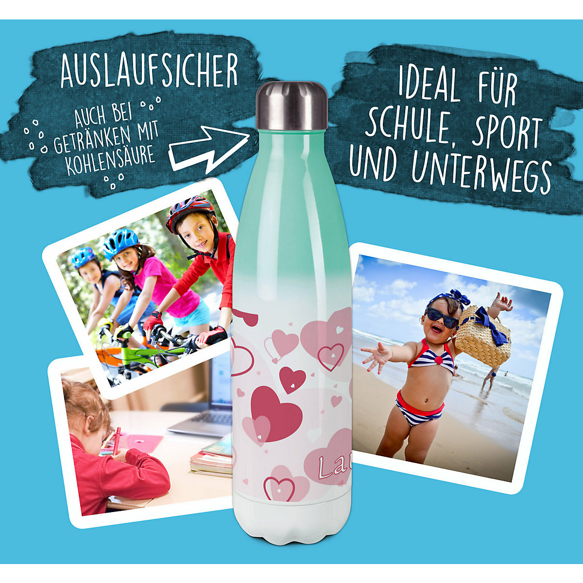Edelstahl Kinder Thermoflasche / Trinkflasche bunt Herz Farbe rosa Spülmaschinenfest, Auslaufsicher, Bruchfest, Doppelwandig, Für Heißgetränke geeignet, Mit Deckel, Isoliert