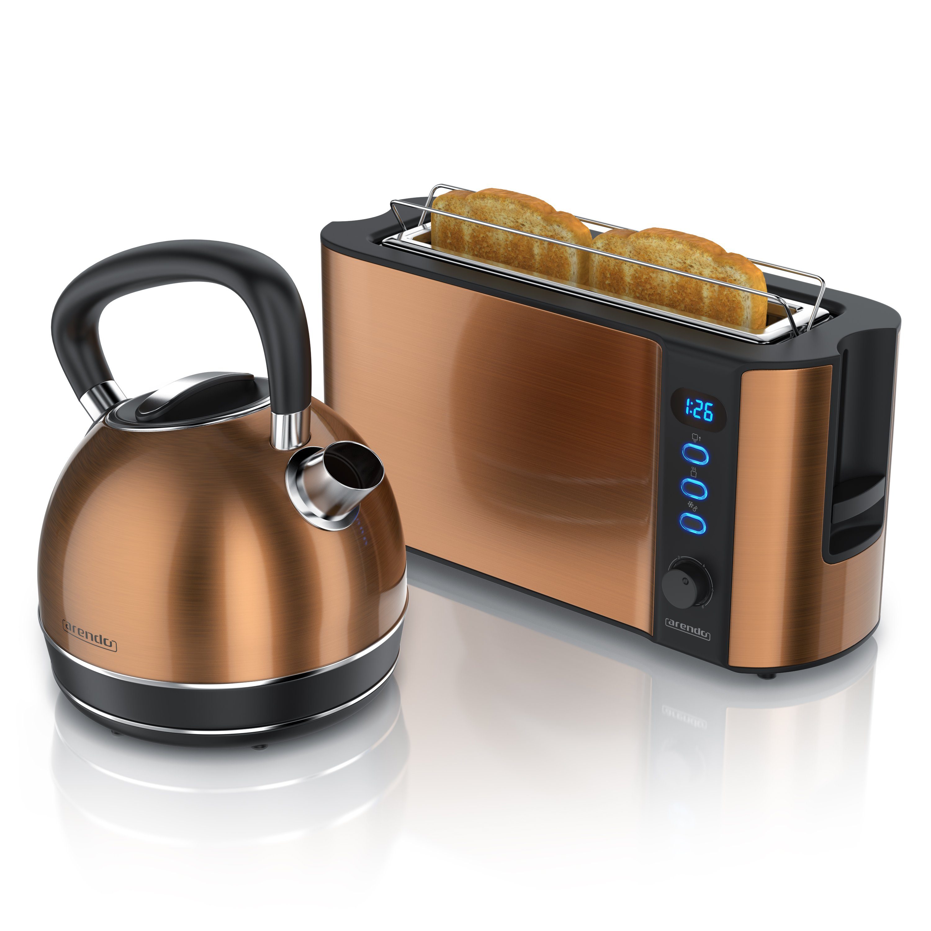 Arendo Frühstücks-Set (2-tlg), Edelstahl Wasserkocher 1,7l & 2 Scheiben Langschlitztoaster, Kupfer
