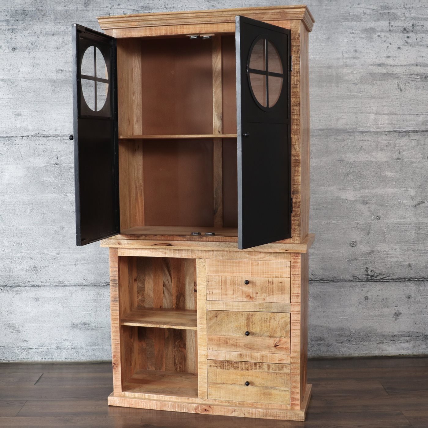 baario Buffet Schrank DEU 110cm Geschirrschrank Massivholz & Eisen Industrial Design