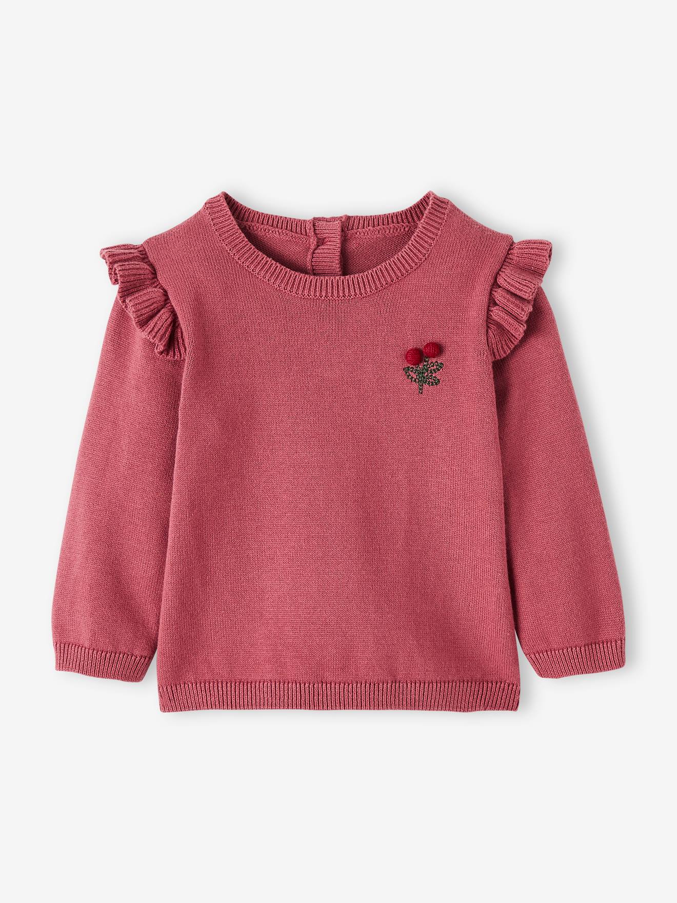 Pull à volants cerise bébé avec pompons marine rayé