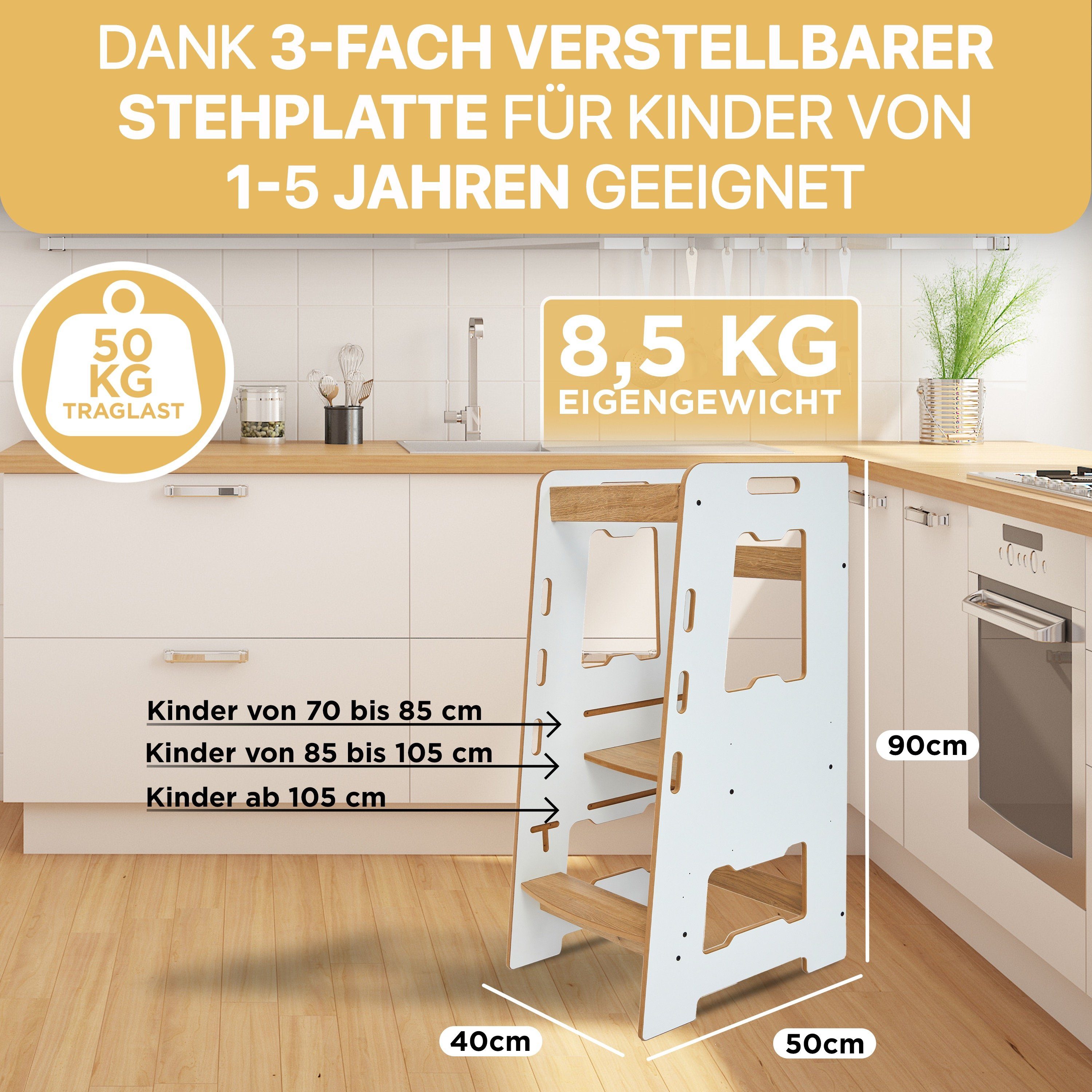 BoomDing Stehhilfe BoomDing Lernturm - Lernturm für Kinder mit 1 Jahr höhenverstellbar, Stabil und sicher, mit Rausfallschutz, mit Kippschutz, Montessori