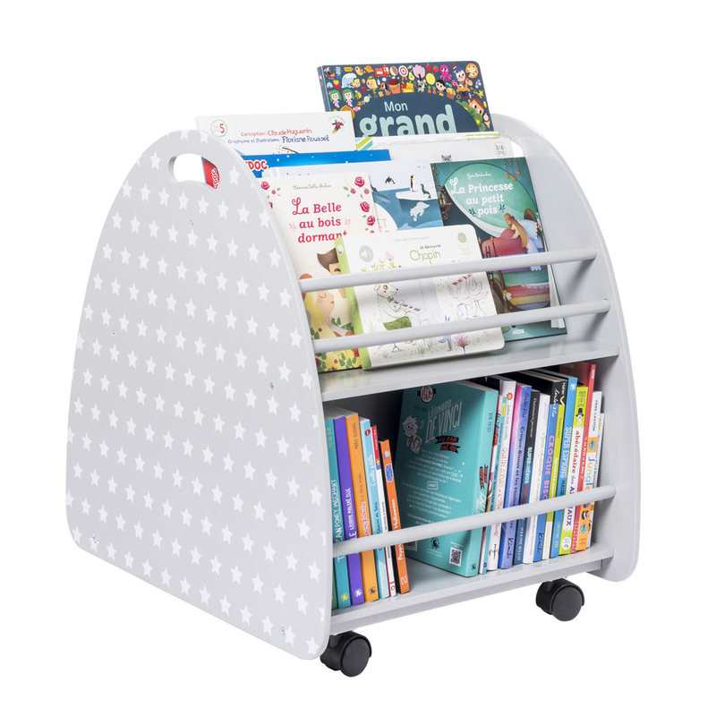 Bibliothèque à roulettes avec frein étoiles gris et blanc Oxybul