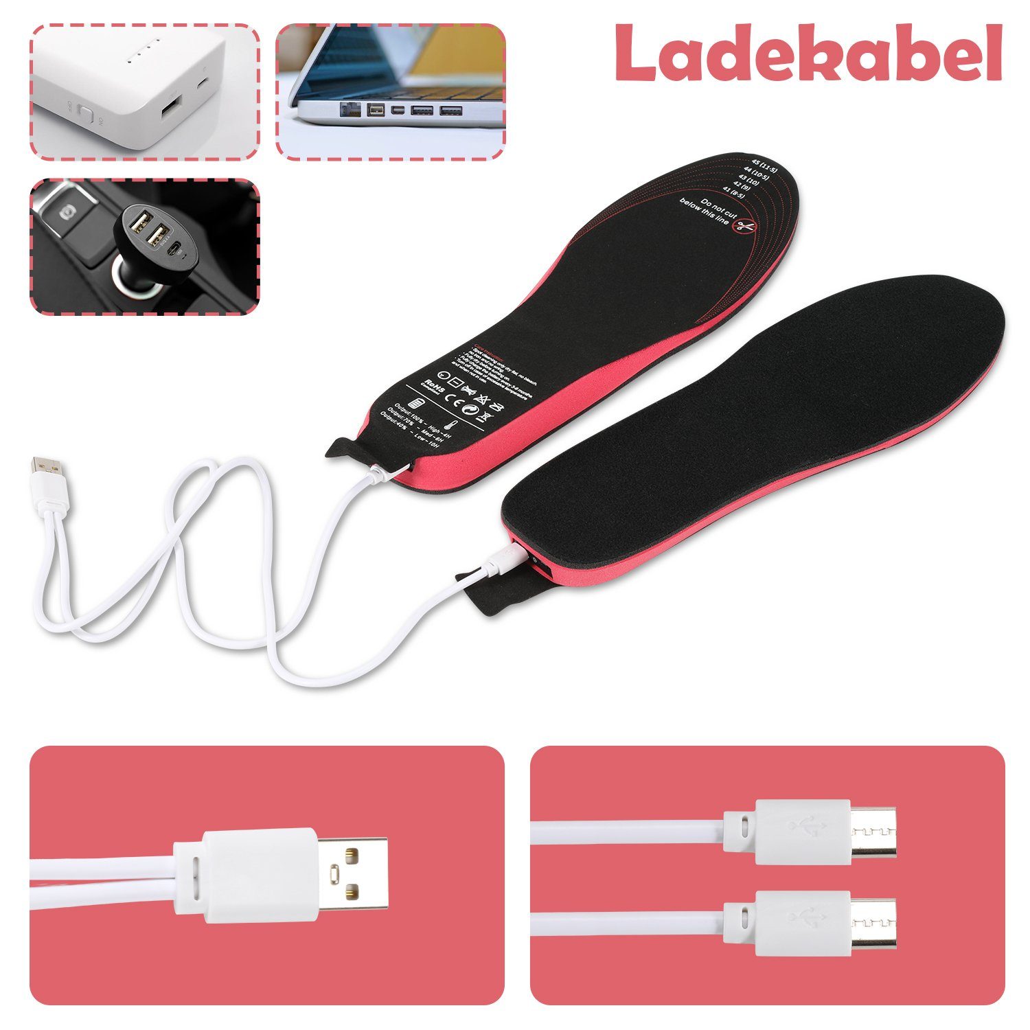 Gimisgu Thermosohlen Beheizte Einlegesohlen, 41-46, Sohlenwärmer, USB Wiederaufladbar (Set, 5-tlg., 1 Paar), Fernbedienung, 3-stufige Temperaturregelung, mit usb-Ladekabel