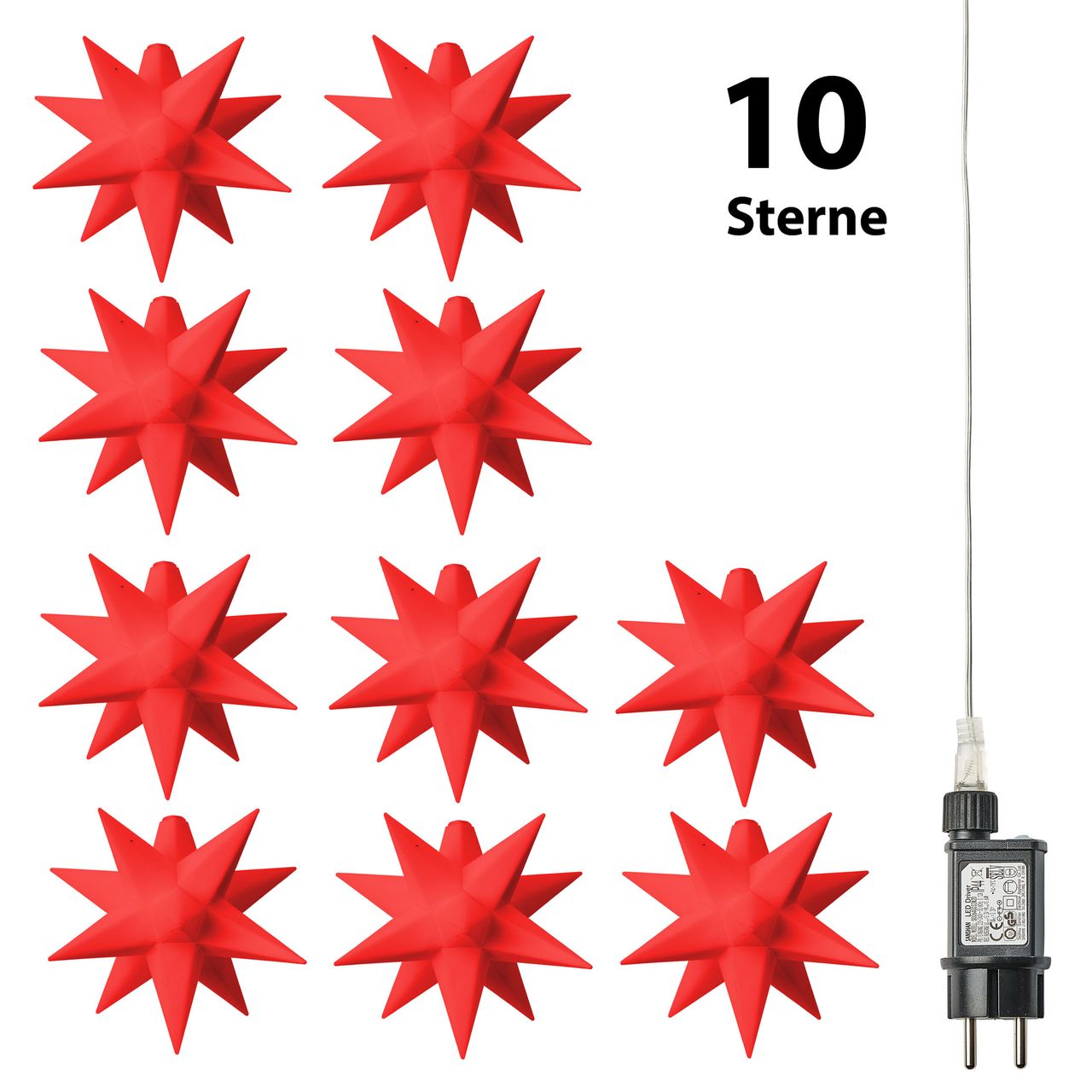 Weles AMARE LED 10er Sternenlichterkette rot Durchmesser der Sterne je 12 cm, Länge der Kette 6,75 m (zzgl. 5 m Zuleitung), LED Farbe warmweiß, CE geprüft, für den Innen- und Außenbereich, Timer