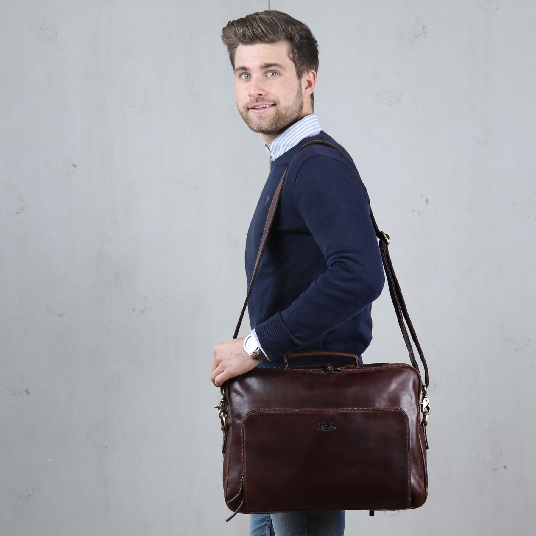SID & VAIN Laptoptasche Leder Businesstasche Unisex SIMON, Laptoptasche 15,4 Zoll, Aktentasche Echtleder Damen Herren braun