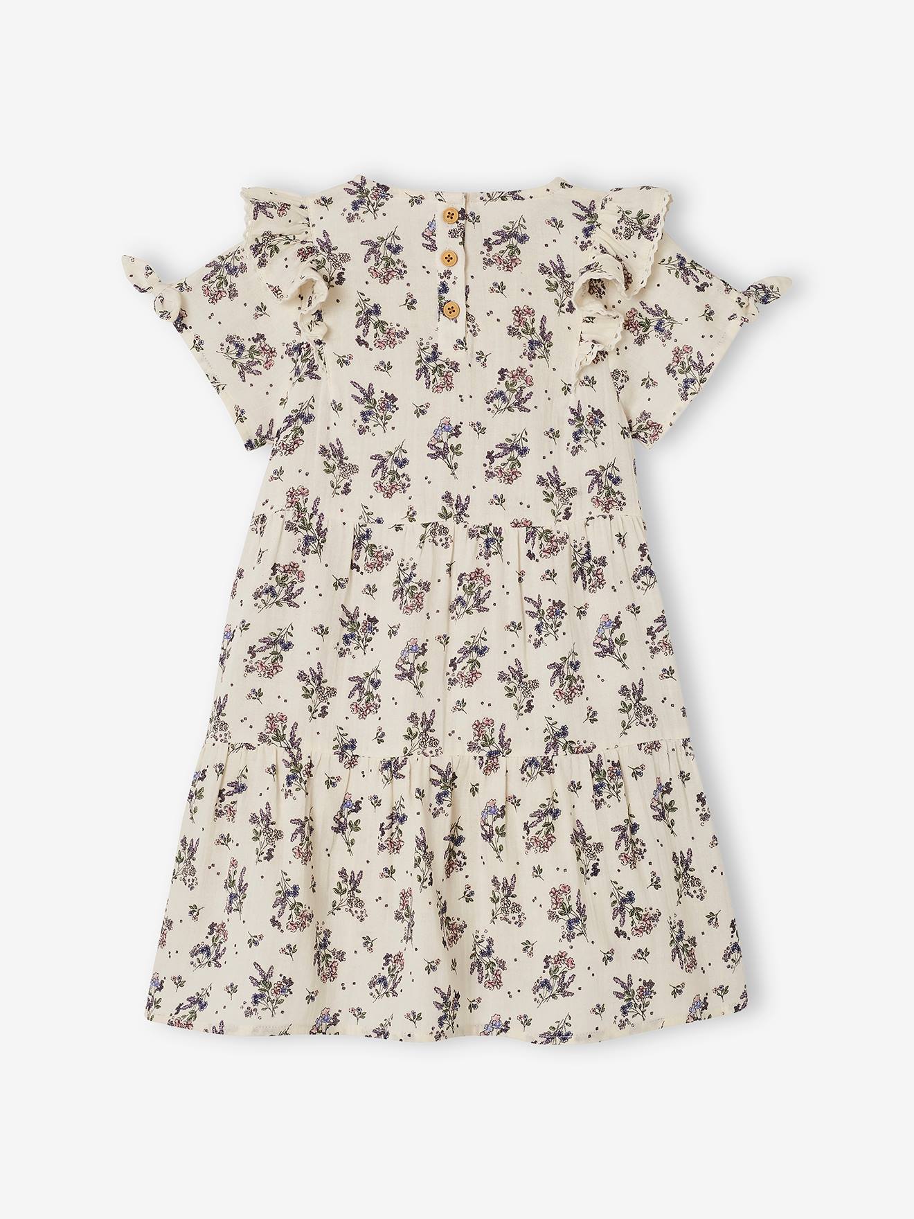 Robe à smocks motifs fleurs fille beige imprimé