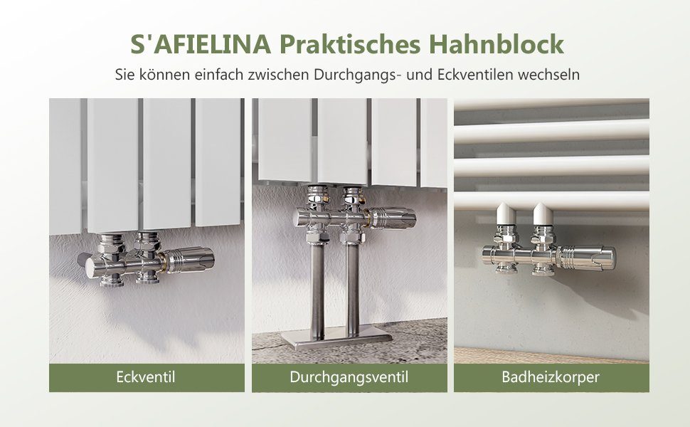 S'AFIELINA Heizkörperthermostat Multiblock Set für Heizkörper Anschlussarmatur für Badheizkörper, (1 St) Thermotstat Hahnblock Ventil Heizungszubehör Eck- und Durchgangsform