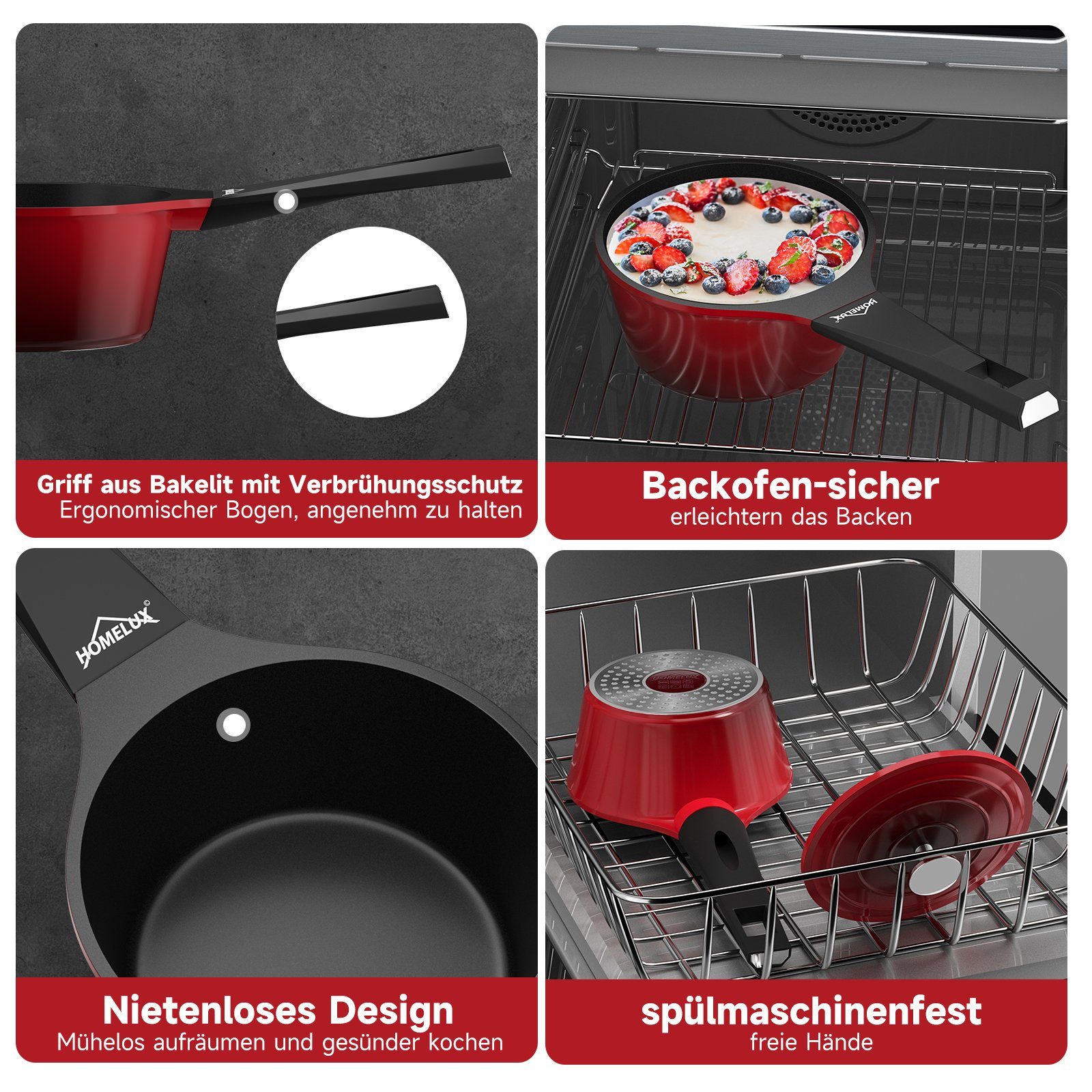 HOMELUX Topf-Set Rot Topf Induktions Kochtöpfe mit Deckel Suppentöpfe Set, Aluminium (6-tlg., für alle Herdarten), induktionsgeeignet