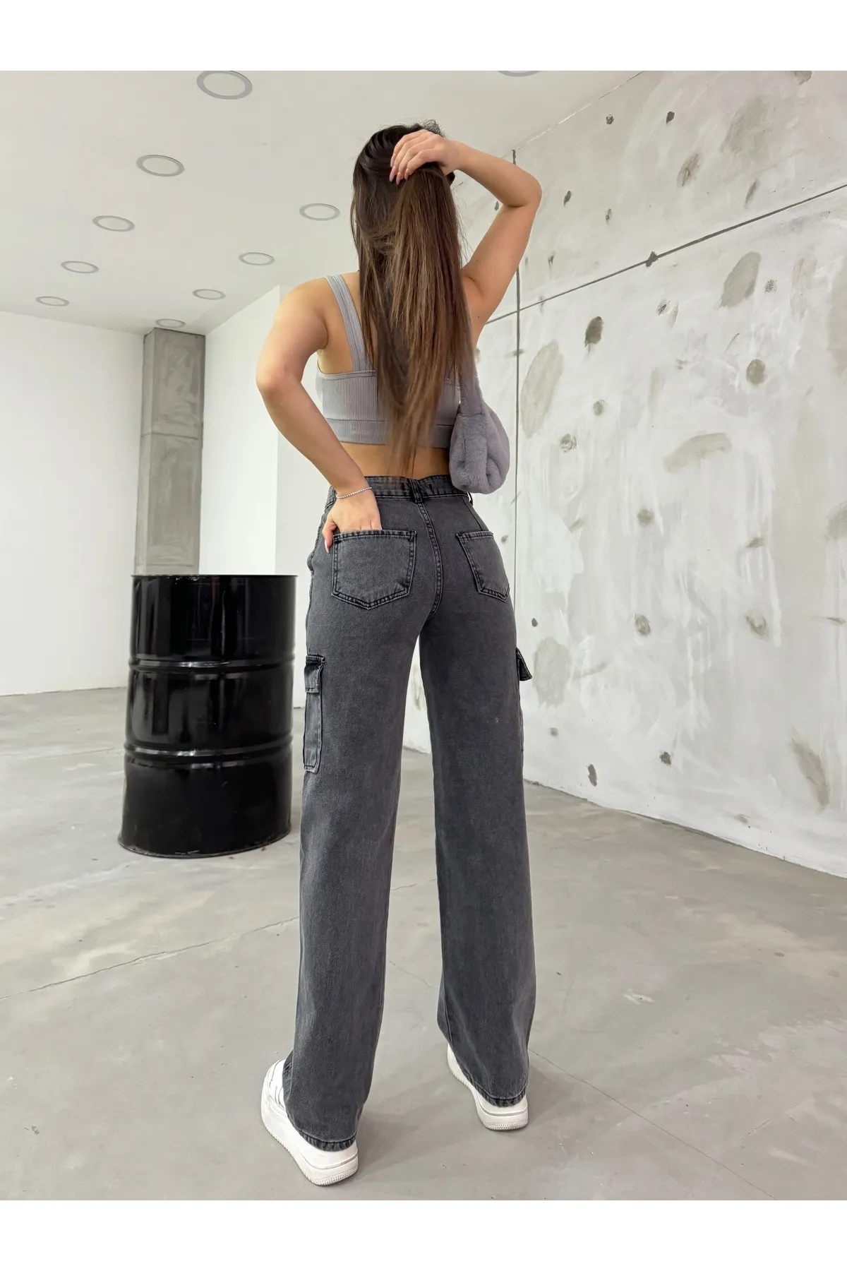 BİKELİFE  Geräucherte Damen-Cargohose mit hoher Taille und weitem Bein