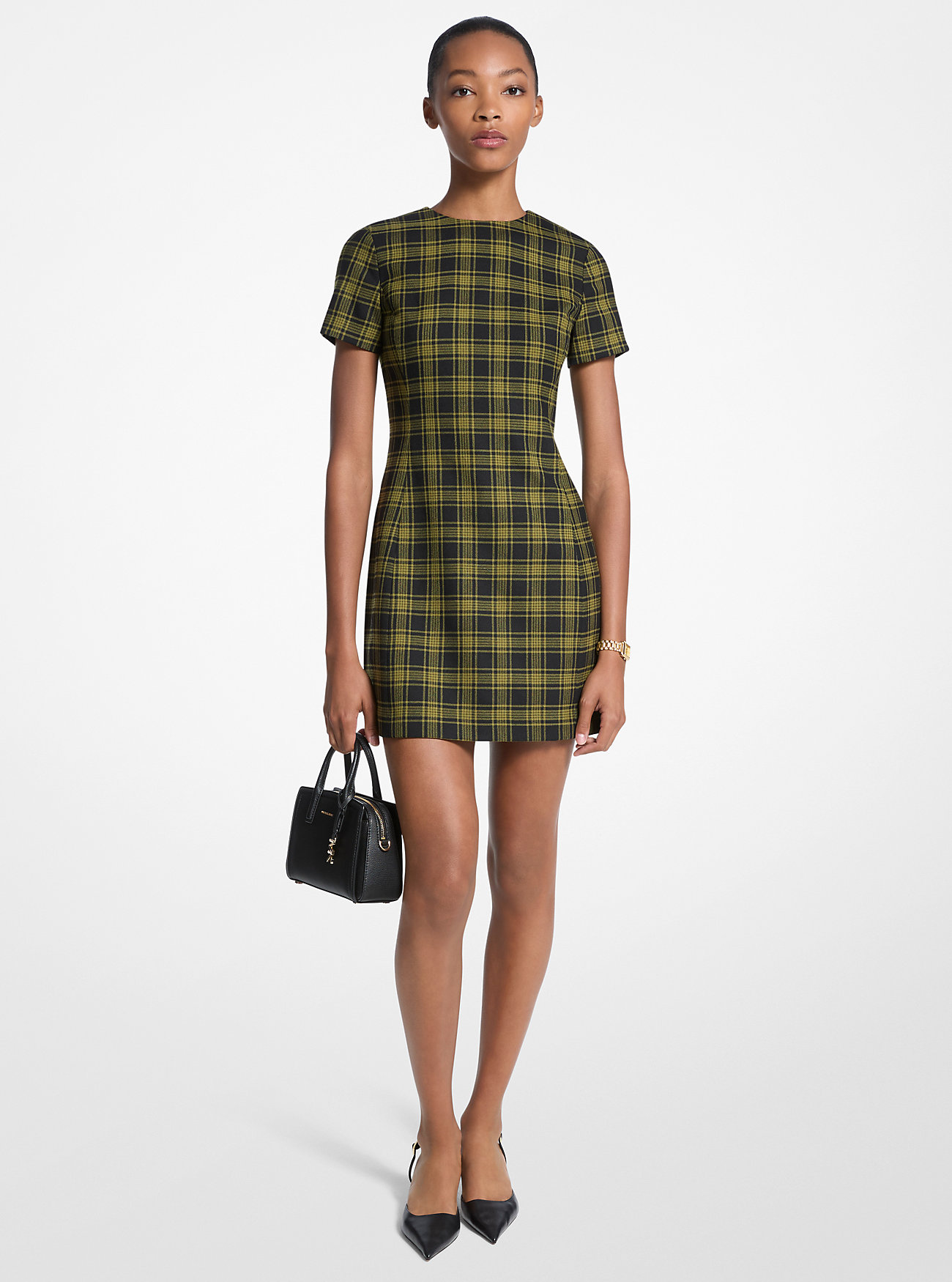 Plaid Print Stretch Wool Dress - PISTACHIO