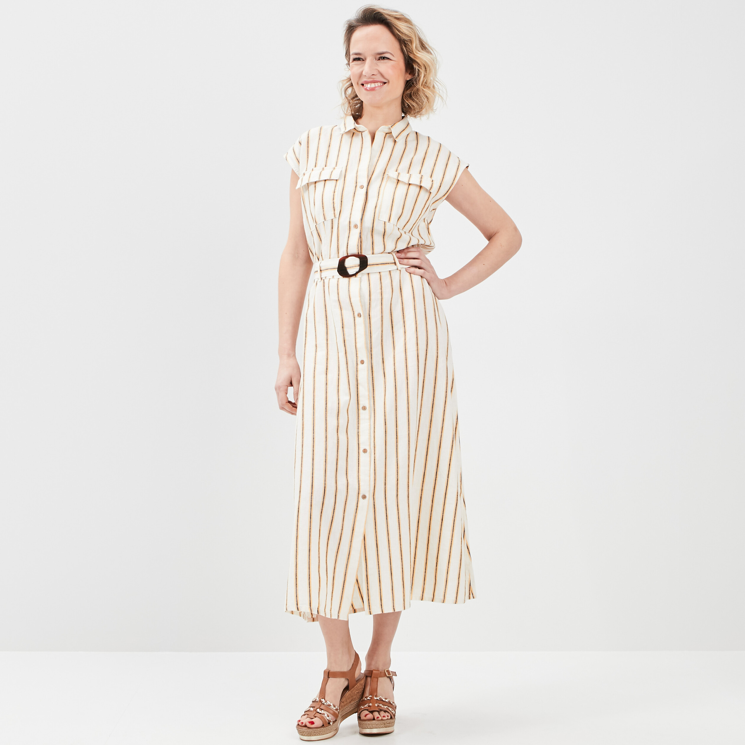 Robe longue patineuse lin majoritaire ecru femme | La Halle