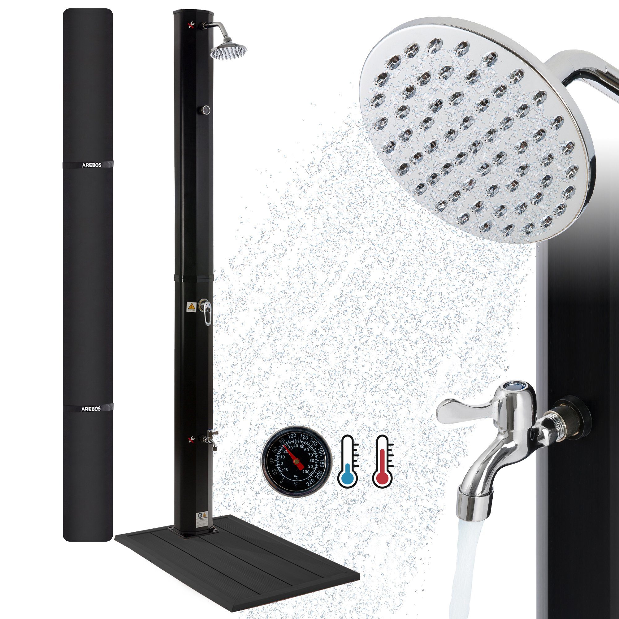 Arebos Solardusche 35L & Bodenelement, Pooldusche für den Garten, Inkl. Abdeckhaube (Set, Solardusche + Bodenelement + Inkl. Abdeckhaube)