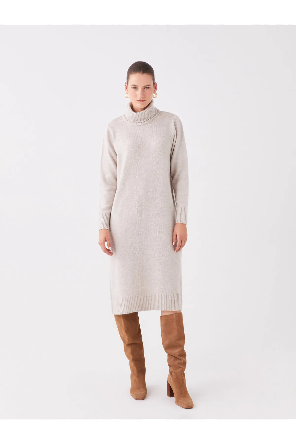 LC Waikiki  Rollkragenpullover, gerades Langarm-Strickkleid für Damen in Übergröße