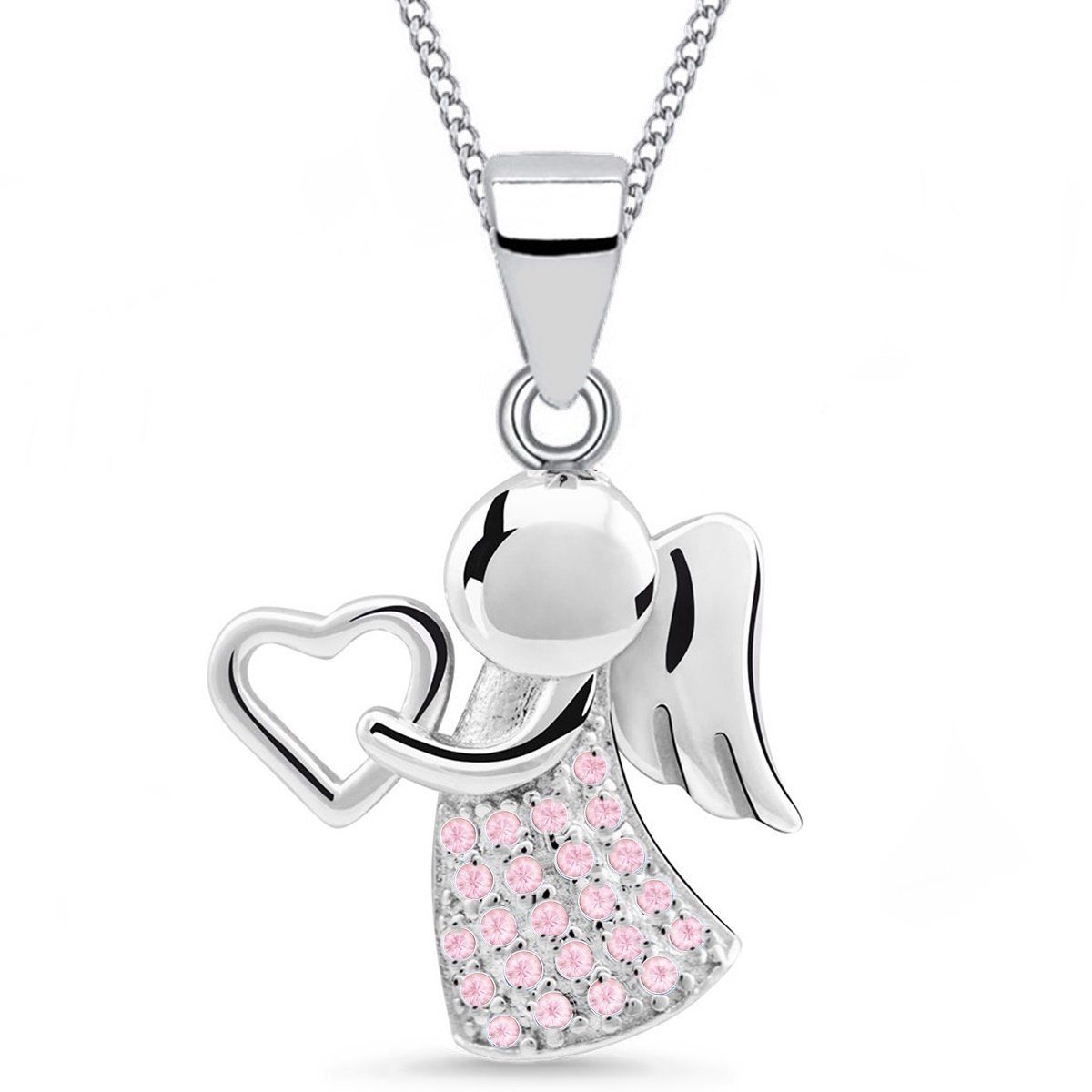 Goldene Hufeisen Engelanhänger Schutzengel Herz Zirkonia Anhänger mit Kette 925 Silber (Halskette Set, inkl. Geschenkbox), Kinderschmuck Engel Kette