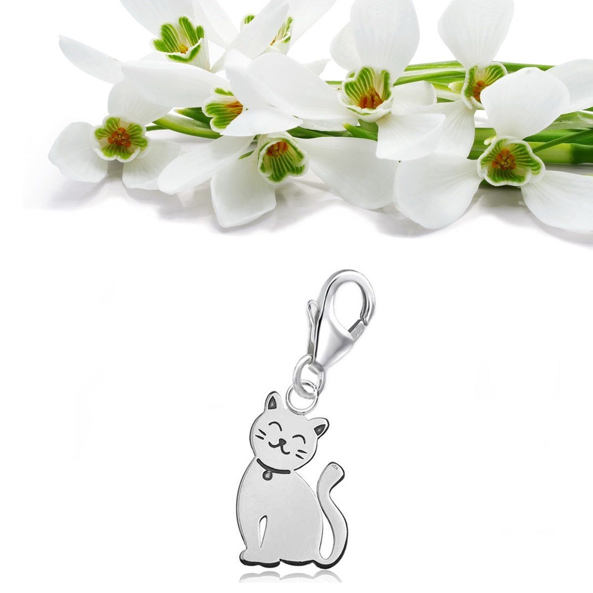 Goldene Hufeisen Charm-Einhänger kleine Katze Karabiner Charm Anhänger für Bettelarmband 925 Silber (inkl. Etui), für Gliederarmband oder Halskette