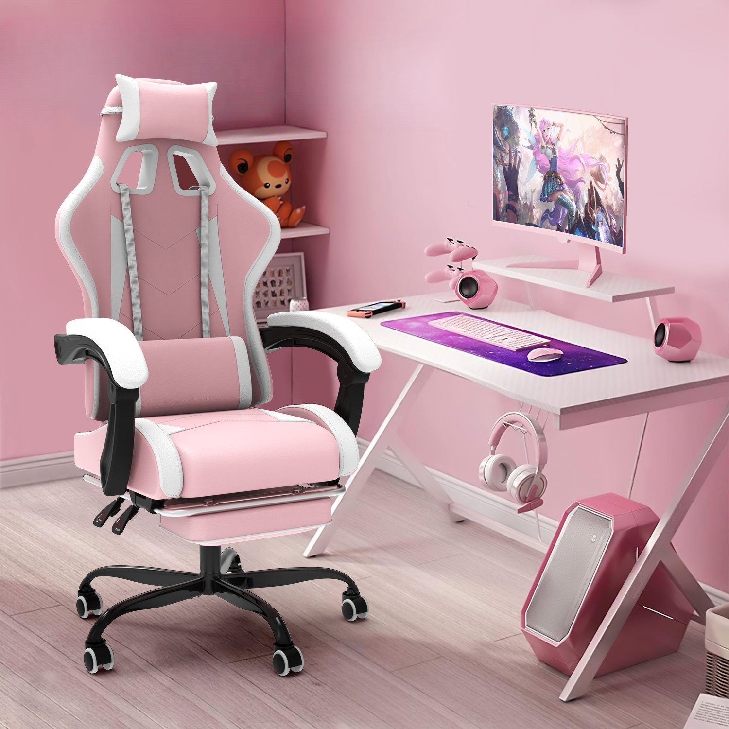 GUNJI Gaming Chair Massage Gaming Stuhl mit Fußstütze, 90-135° Rückenlehne einstellbar