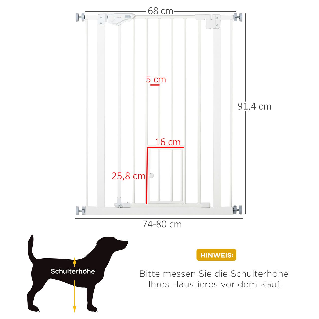 PawHut Hunde Türschutzgitter, 74-80 cm Baby Türgitter ohne Bohren, Stahl, Weiß
