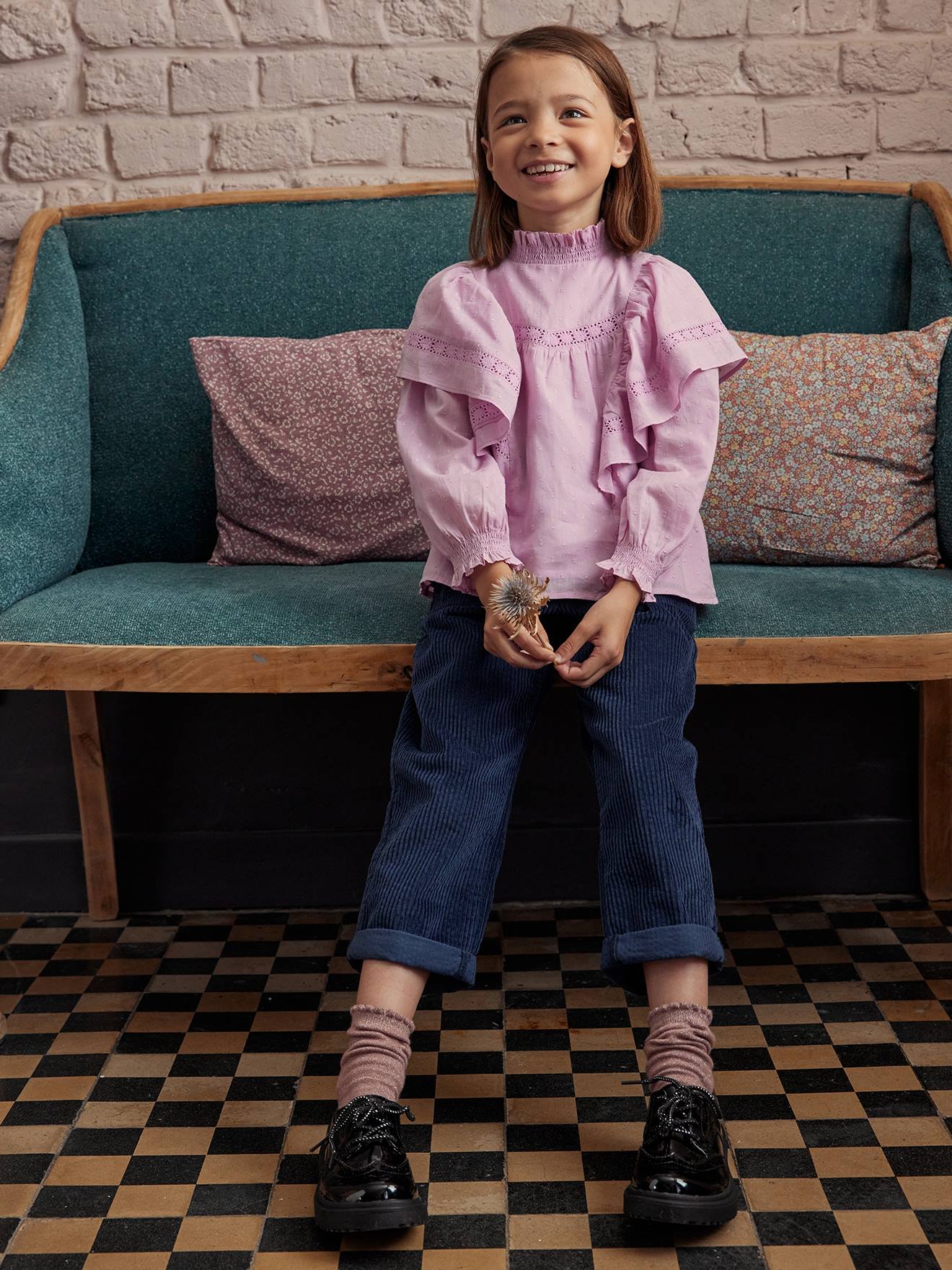 Pantalon paperbag en velours côtelé fille bois de rose