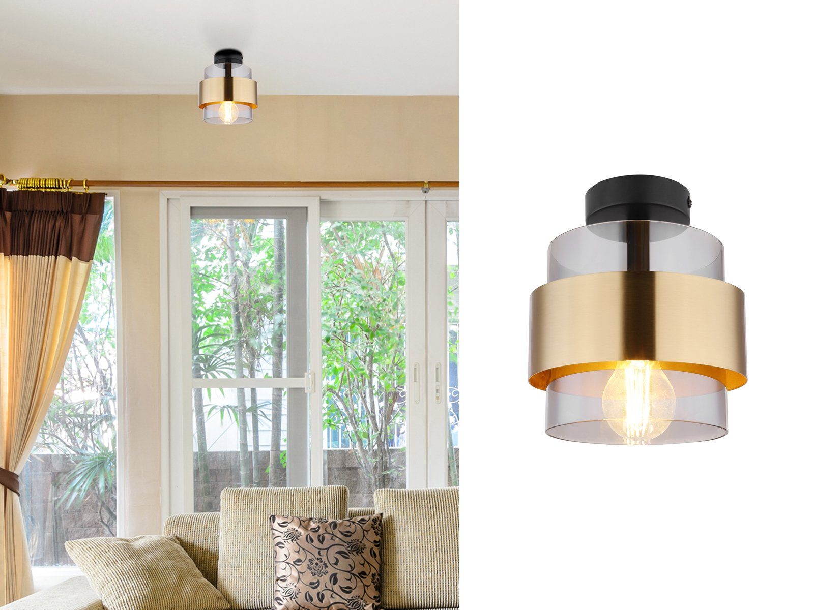 meineWunschleuchte LED Deckenleuchte, Leuchtmittel stufenweise über Wandschalter dimmbar, LED wechselbar, warmweiß, klein-e ausgefallen-e stylische Designer-lampe Rauchglas Gold, Ø18cm