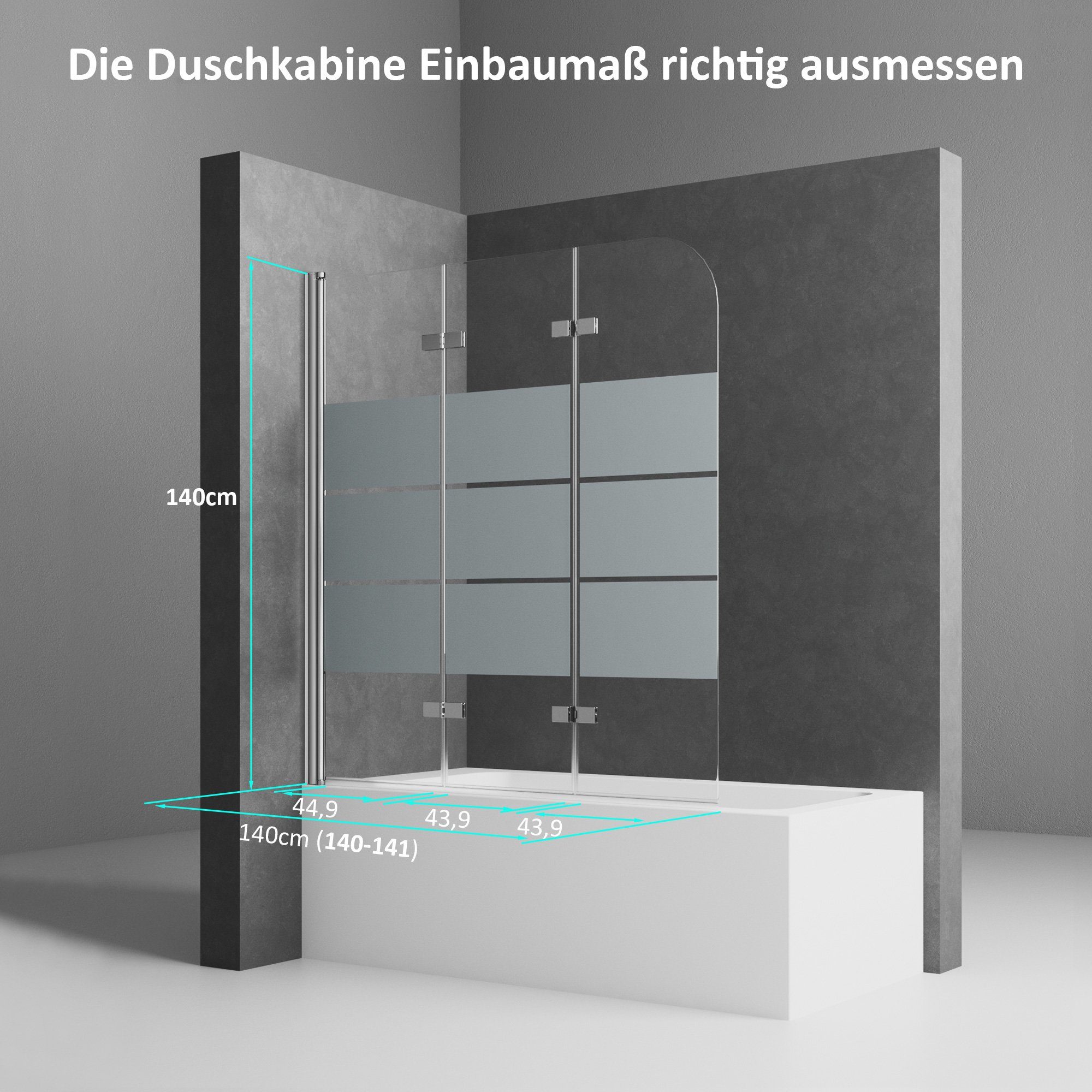 Boromal Badewannenaufsatz Glas 140 x 140cm 3 teilig Duschwand für Badewanne faltbar 180°, 5mm Sicherheitsglas, (Badewannenfaltwand, milchglas), Hebe- / Senkfunktion, Rechts-und Links montierbar
