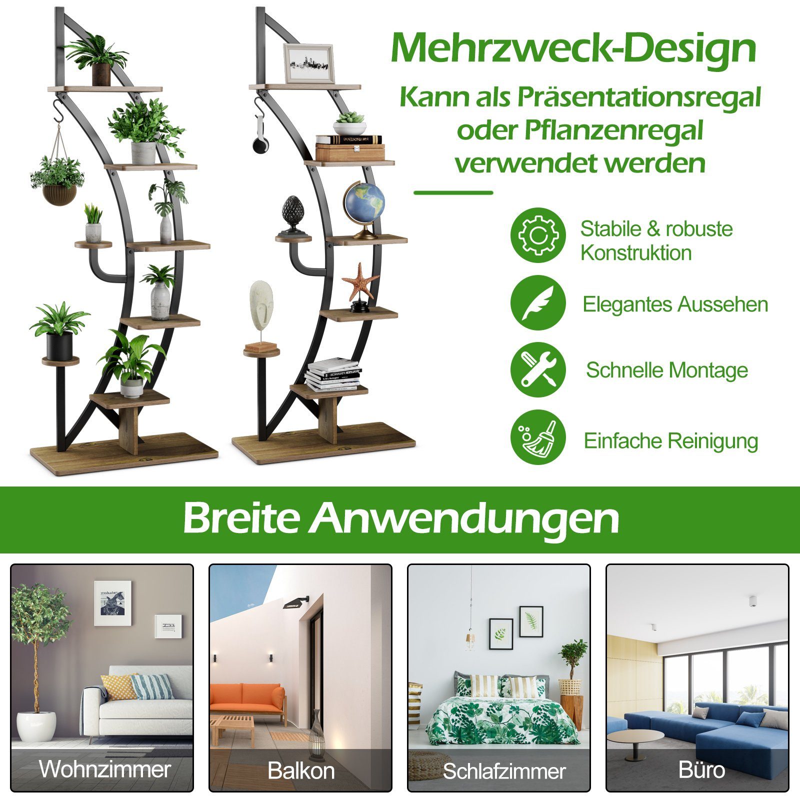 COSTWAY Blumenständer (1 St), 6-stufig, mit 2 Ablagen, Haken & Kippschutz
