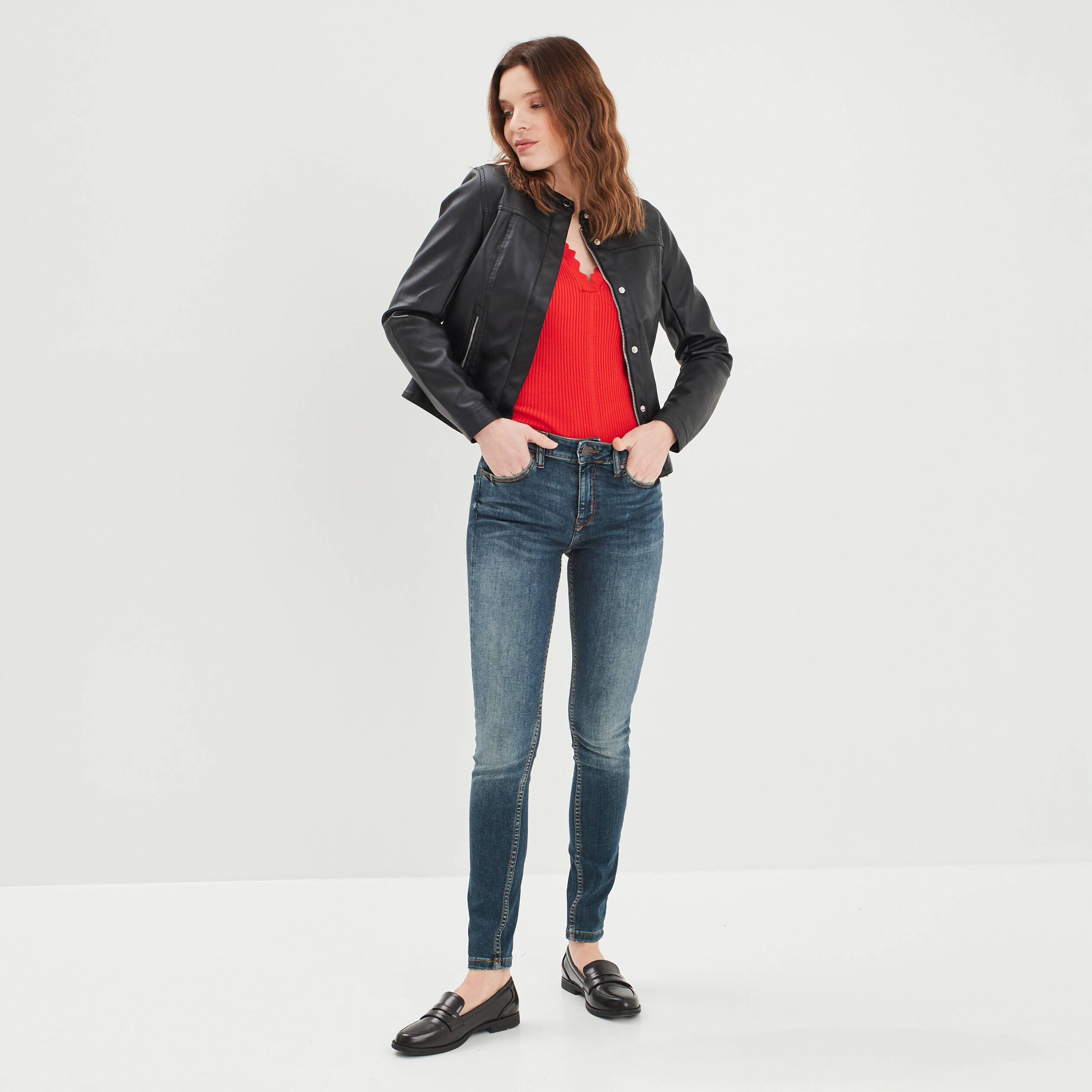 Pull manches longues col polo orange corail femme | La Halle