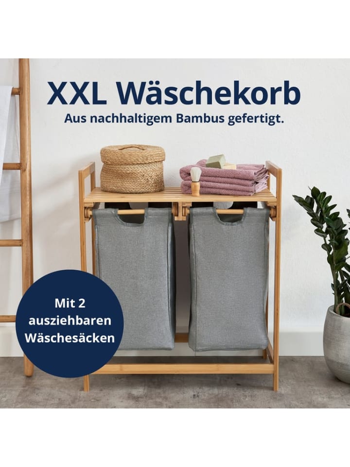 Lumaland Lumaland Wäschekorb aus Bambus mit 2 ausziehbaren Wäschesäcken Farbe Dunkelgr günstig kaufen onesize