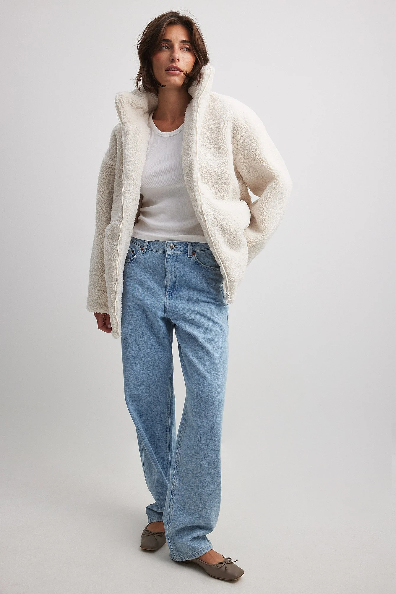 Recycelte lange Teddy-Jacke mit Reißverschluss