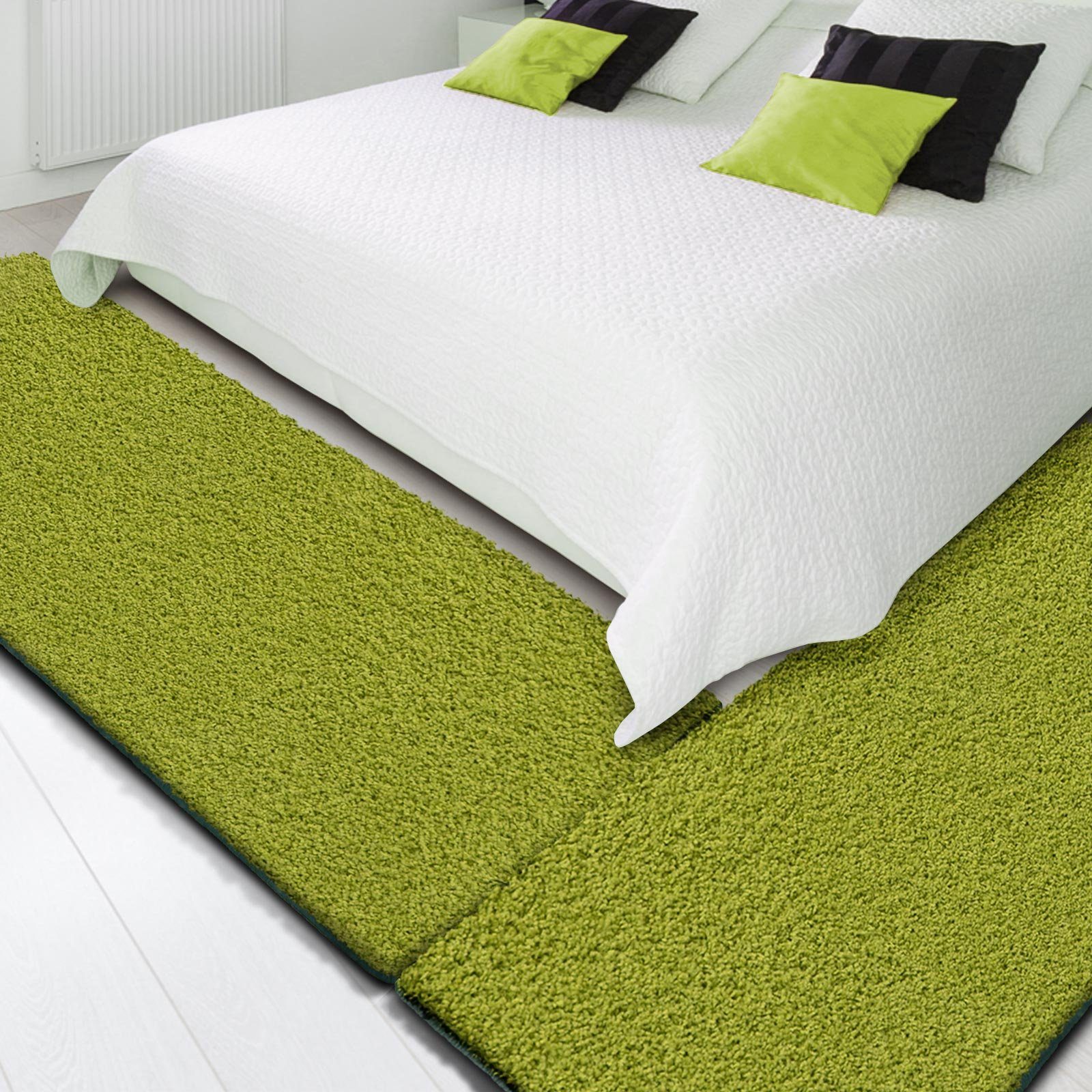 Hochflor-Bettumrandung Barcelona Grün, 3 Größen, Teppichläufer, ideal im Schlafzimmer Floordirekt, Höhe 22 mm, (3-tlg), Shaggy