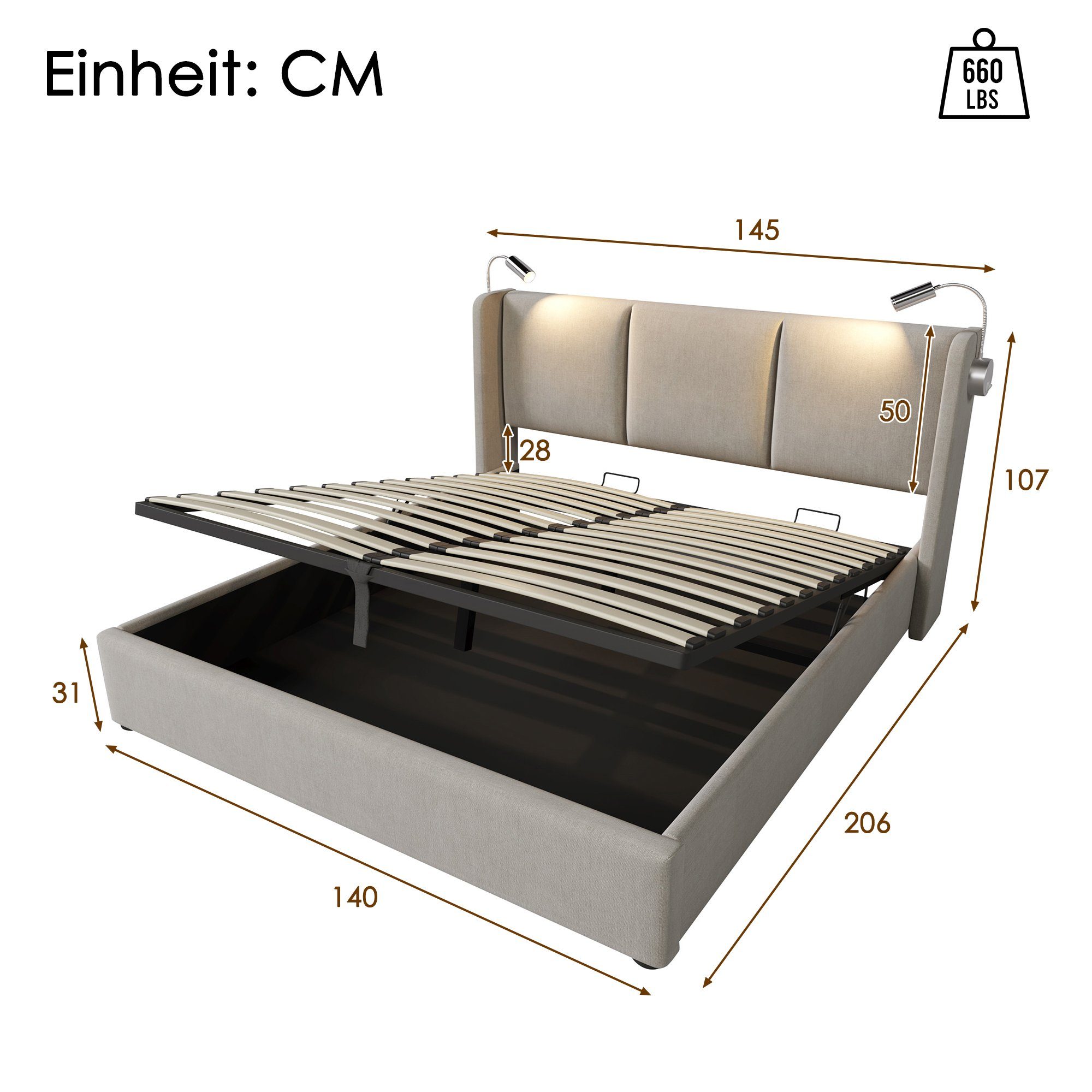 Ulife Polsterbett Beige Doppelbett Hydraulisches Stauraumbett Leinen 140x200, 160x200cm, Leselicht mit USB Ladefunktion Kopfteil