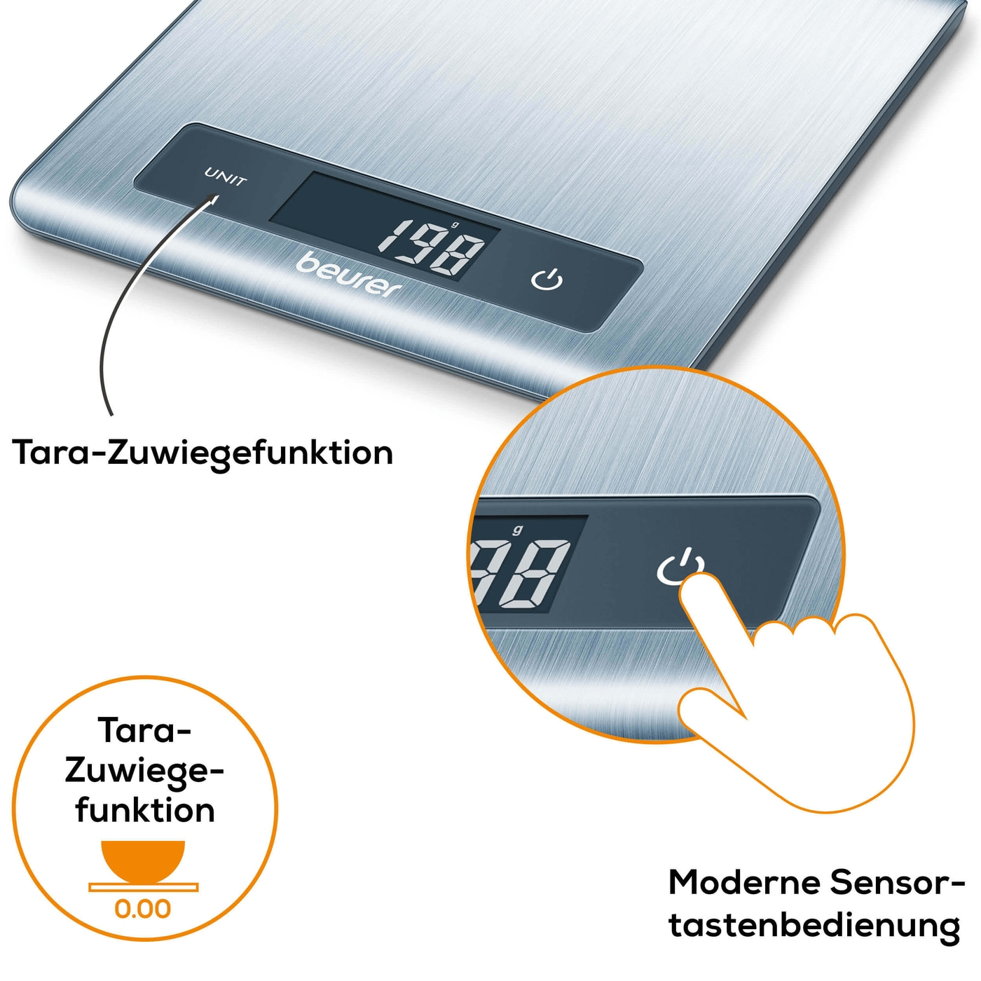 Beurer Küchenwaage KS 51-Ultra flache Küchenwaage mit Wiegefläche aus gebürstetem Edelstahl