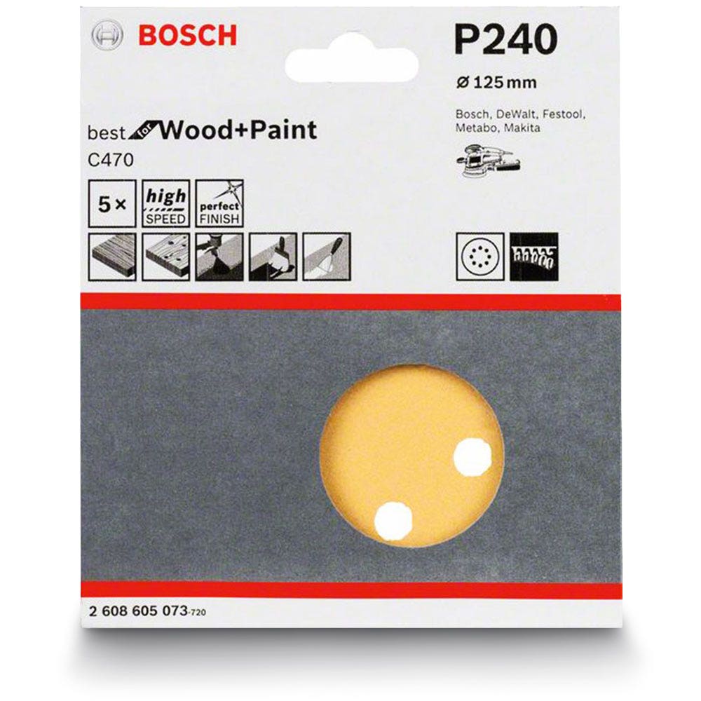 Disco de lixa BOSCH 125 mm, grão 240, 8 furos, velcro, para madeira e tinta – C470 – 5 peças