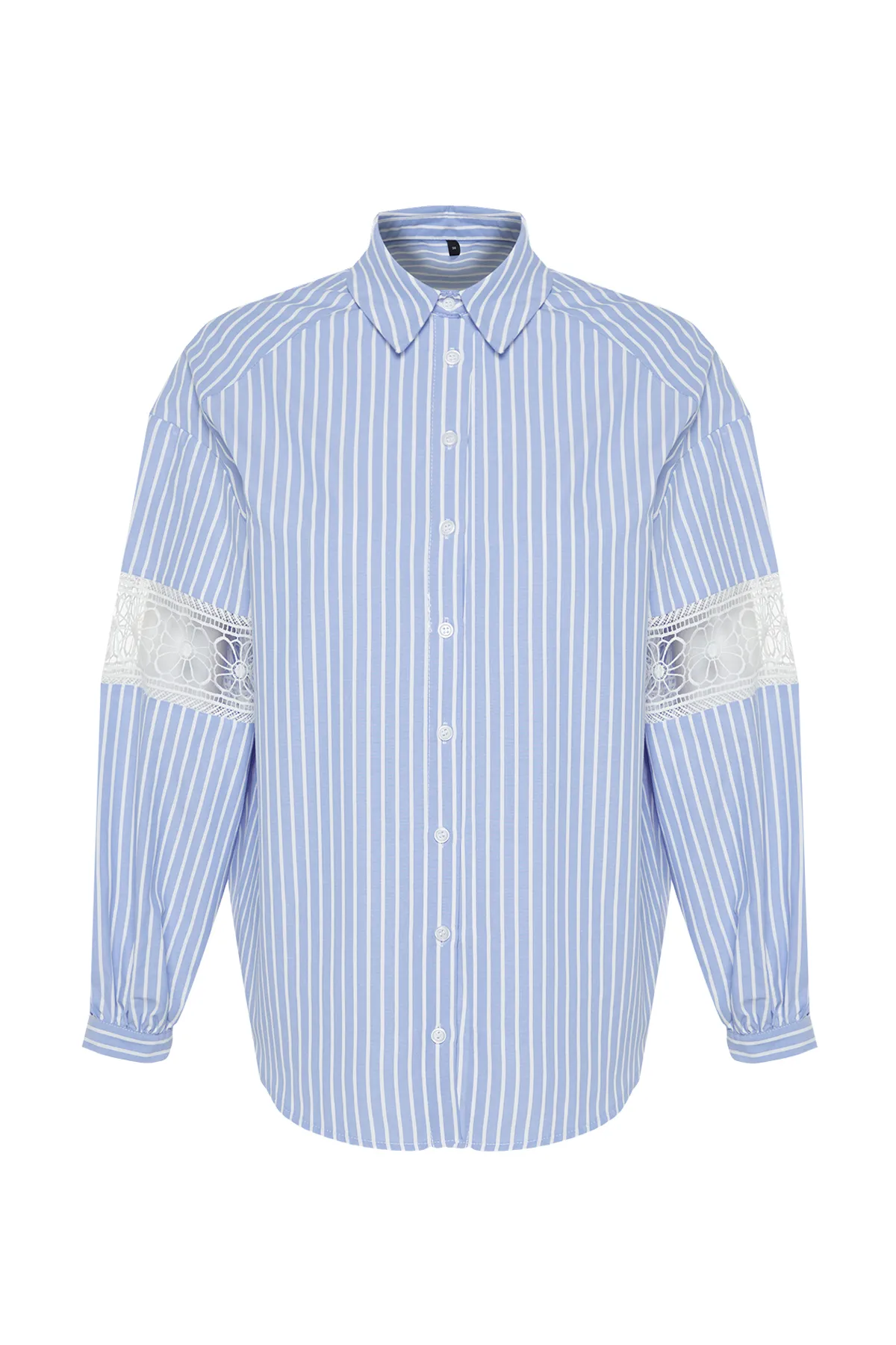 Trendyol Modest  Gestreiftes, gewebtes Hemd aus blauer Baumwollmischung mit Stickerei am Ärmel TCTSS24TG00015