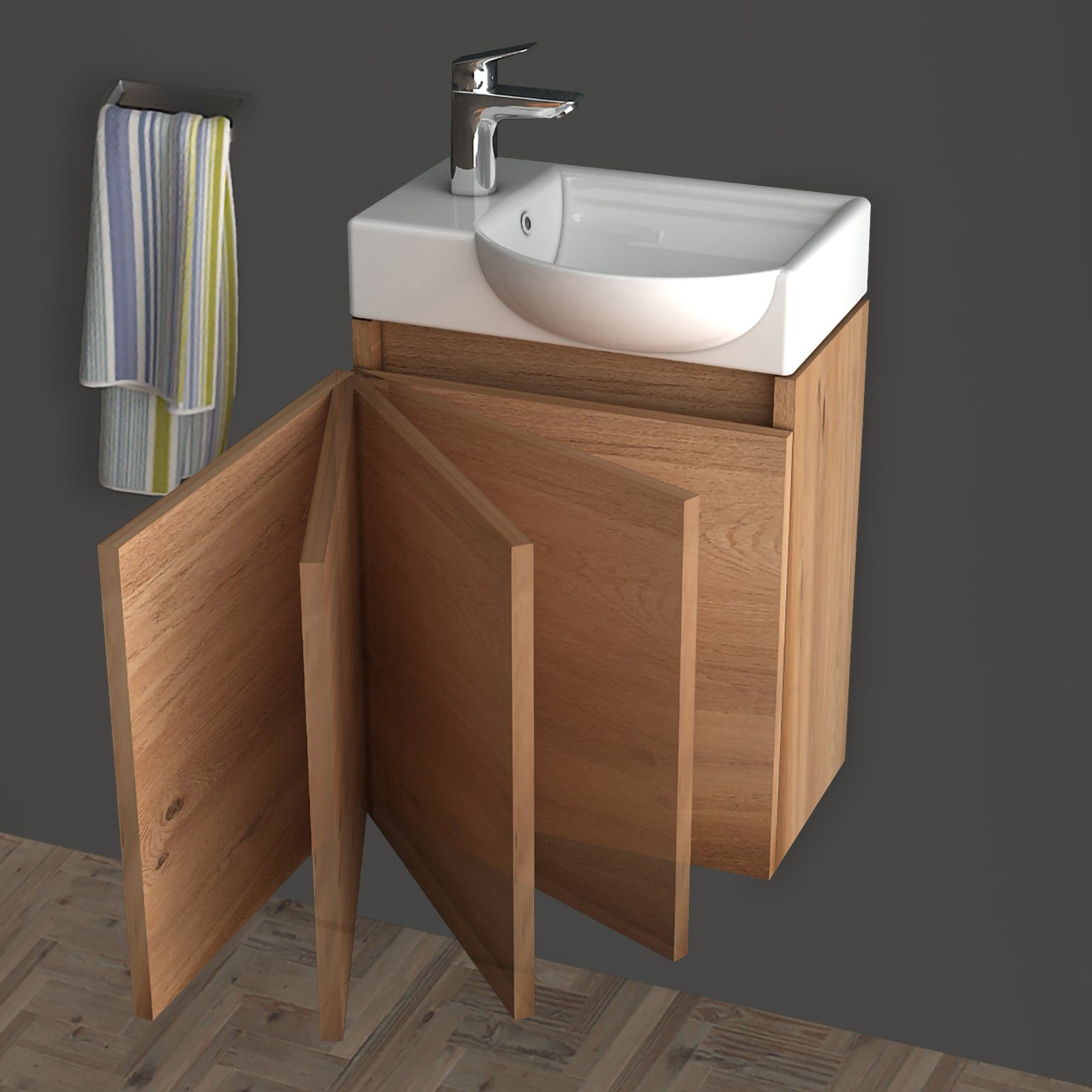 Alpenberger Badmöbel-Set Badschrank in Bamboo Optik mit Keramik Waschbecken, (2-tlg., Badmöbel Set Vormontiert), Eckig ovales Becken mit Überlauf, eintüriger Badschrank mit Softclose