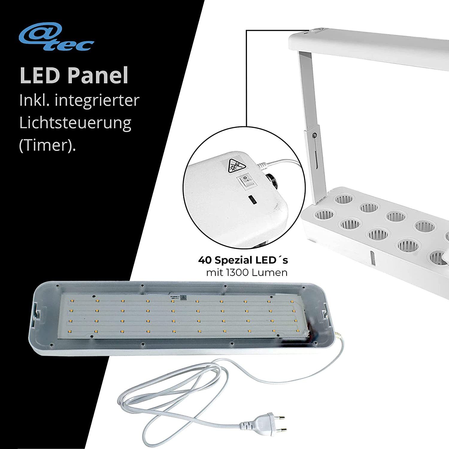 @tec Gewächshaus Mini Pflanzenaufzuchtstation, Zimmergewächshaus, Anzuchtkasten, ideal für Kräuter & Pflanzen, mit LED-Beleuchtung & Bewässerung, inkl. Anzuchttöpfe für 10 Setzlinge, ca. 48x18 cm