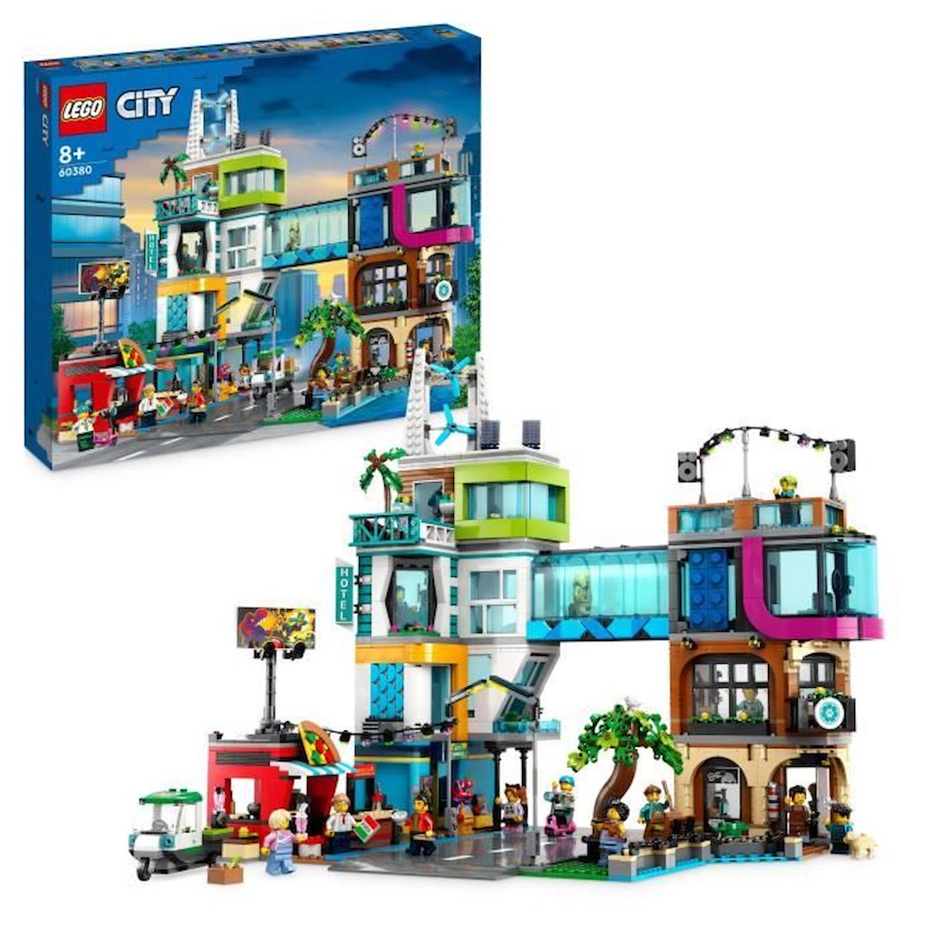 LEGO® City 60380 Le Centre-Ville, Jouet de Maquettes avec Salon de Coiffure, Vétérinaire, et Hôtel bleu