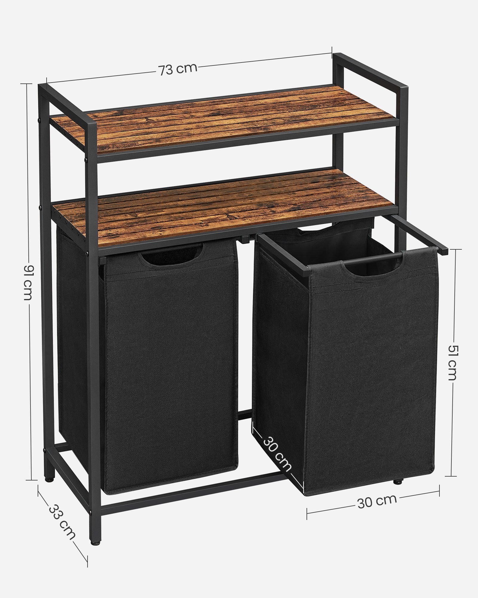 VASAGLE Wäschekorb, 2 Fächer, 2 Ablagen, einfach abnehmbar, 2 x 46 Liter