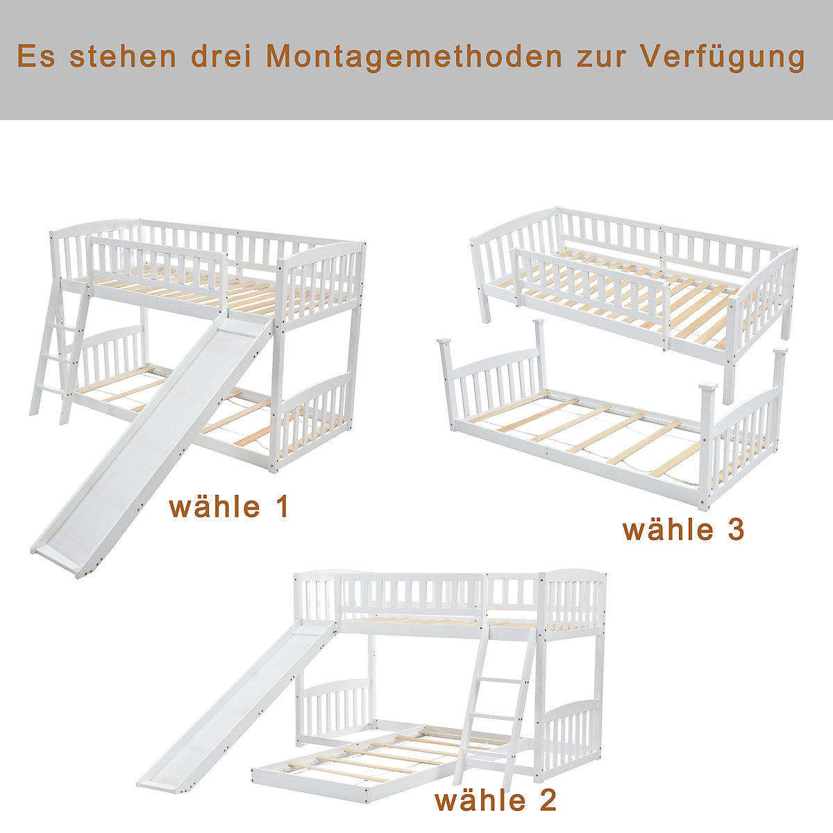 Etagenbett mit Rutsche, Niedriger Kinderbett Etagenbettrahmen Massives Kiefernbett 90 x 200 cm