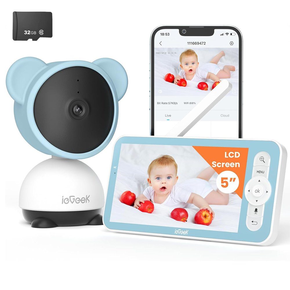 ieGeek Babyphone 5 Zoll/1080P Babyphone mit Kamera App WLAN Video babyfon&32GB SD Karte, Horizontal 350° und vertikal 55°,940nm Infrarot-Nachtsichtkamera, Bewegungs/Geräuscherkennung, unterstützt App Steuerung, Automatische Verfolgung,Bidirektionales