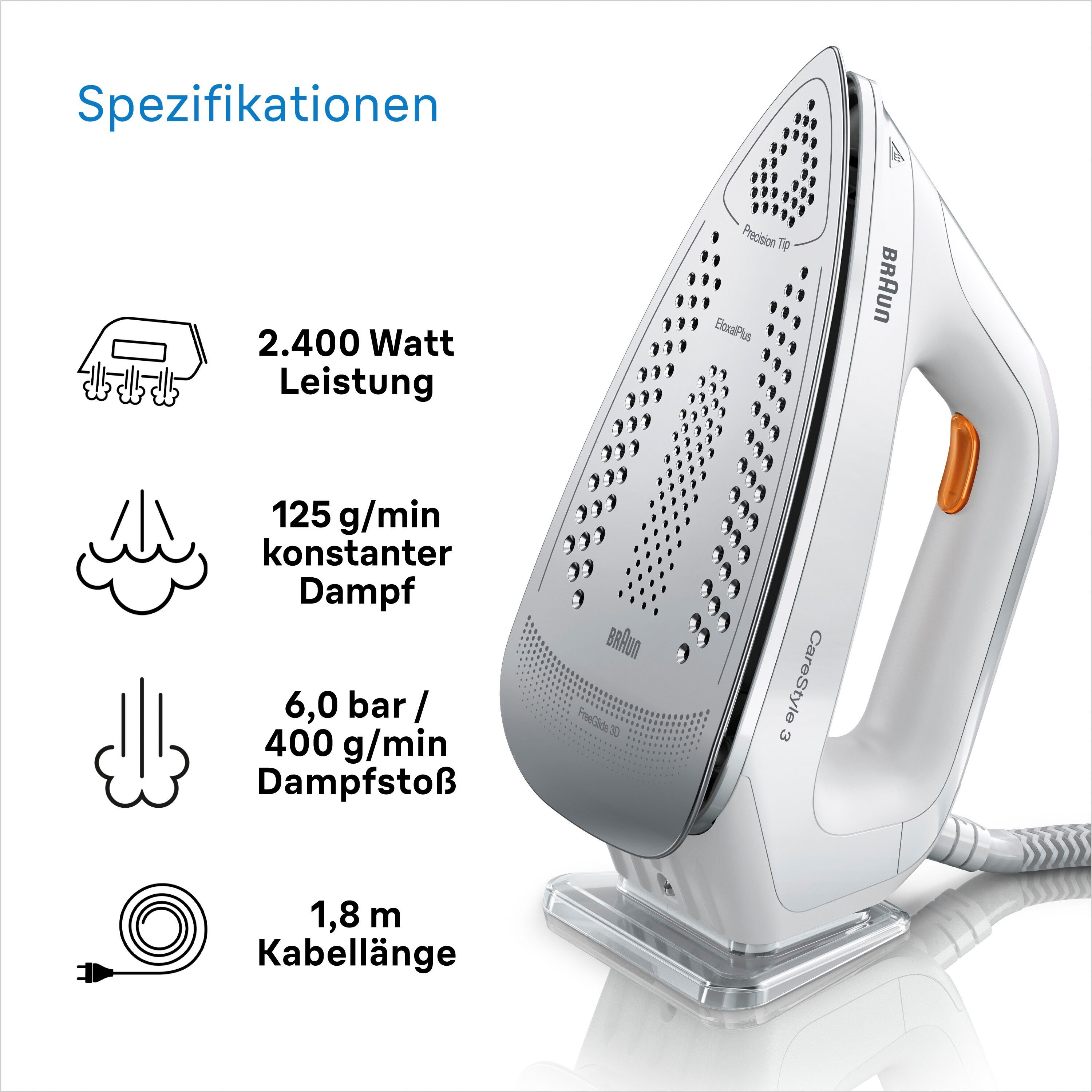 Braun Dampfbügelstation CareStyle 3 IS3132WH, 2000 ml Wassertank, weiß, max. Dampfmenge 400g/min, Rückwärtsbügeln über Knöpfe