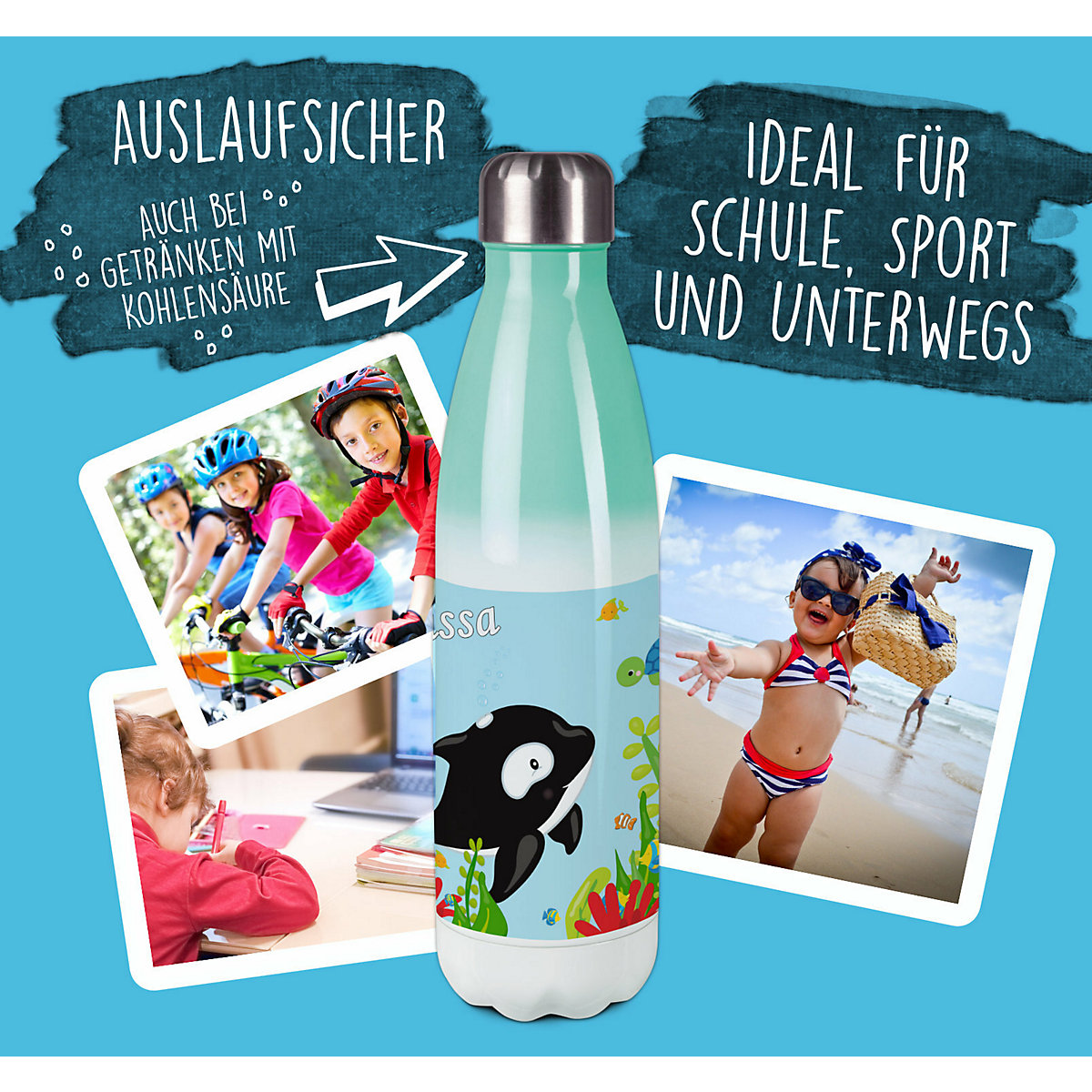 Edelstahl Kinder Thermoflasche / Trinkflasche bunt Unterwasserwelt Spülmaschinenfest, Auslaufsicher, Bruchfest, Doppelwandig, Für Heißgetränke geeignet, Mit Deckel, Isoliert